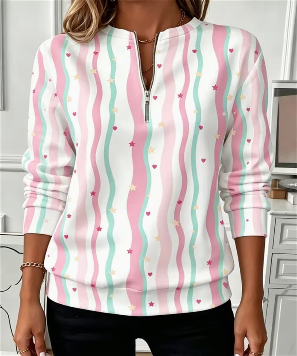 Women Half Zip Long Sleeve Sweatshirt, Wavy Stripe Heart Star Print Casual Pullover Top