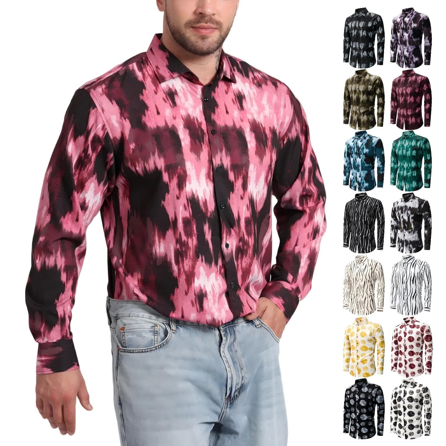 Jana Men's Stretch Wrinkle-Free Digital Print Long Sleeve Shirt, Cross-border Supply, Fashion Casual Vacation Shirt For Men