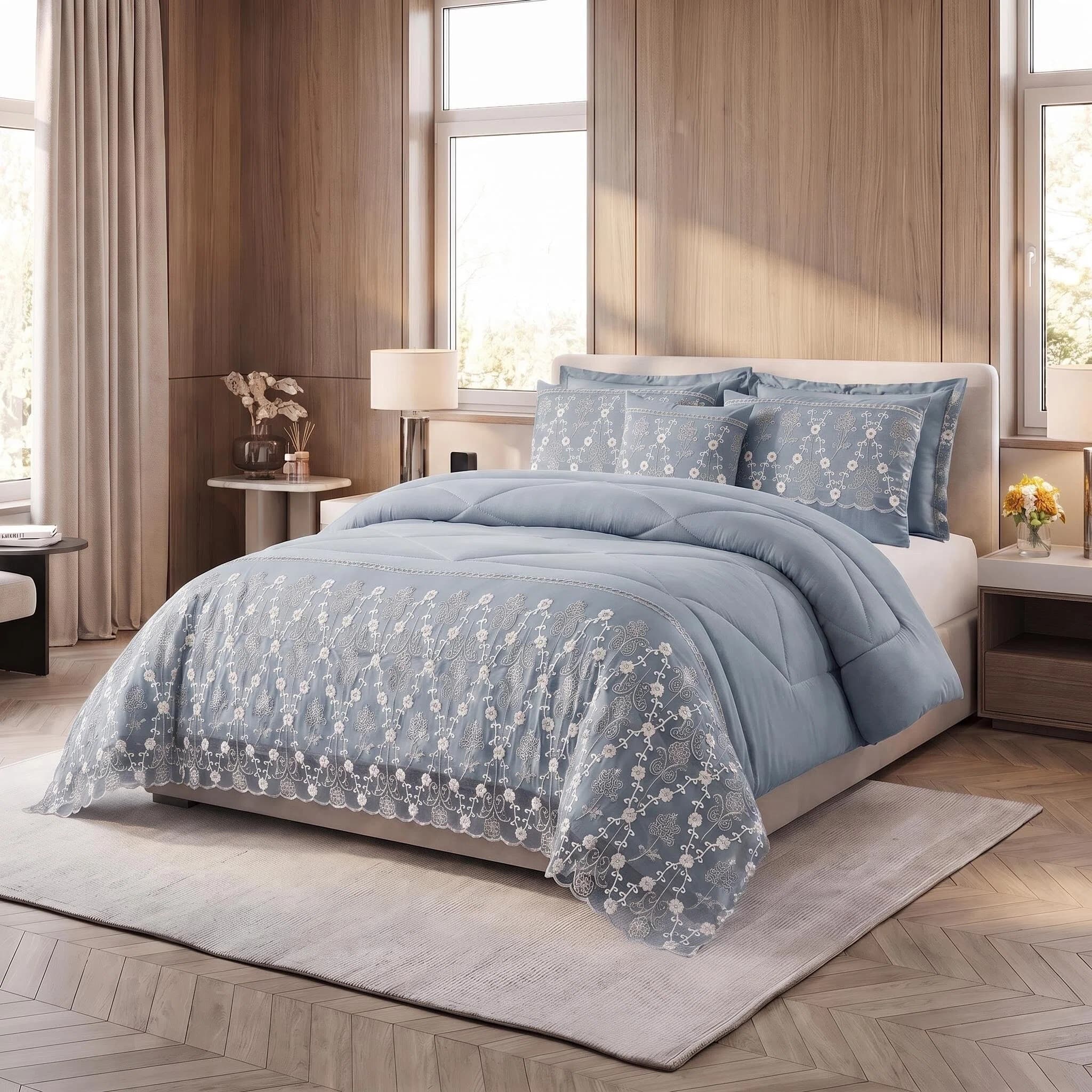 3-Piece Lace Embroidered Comforter Set with 2 Pillow Shams, Elegant Floral Bedding for Queen, King and California King Beds