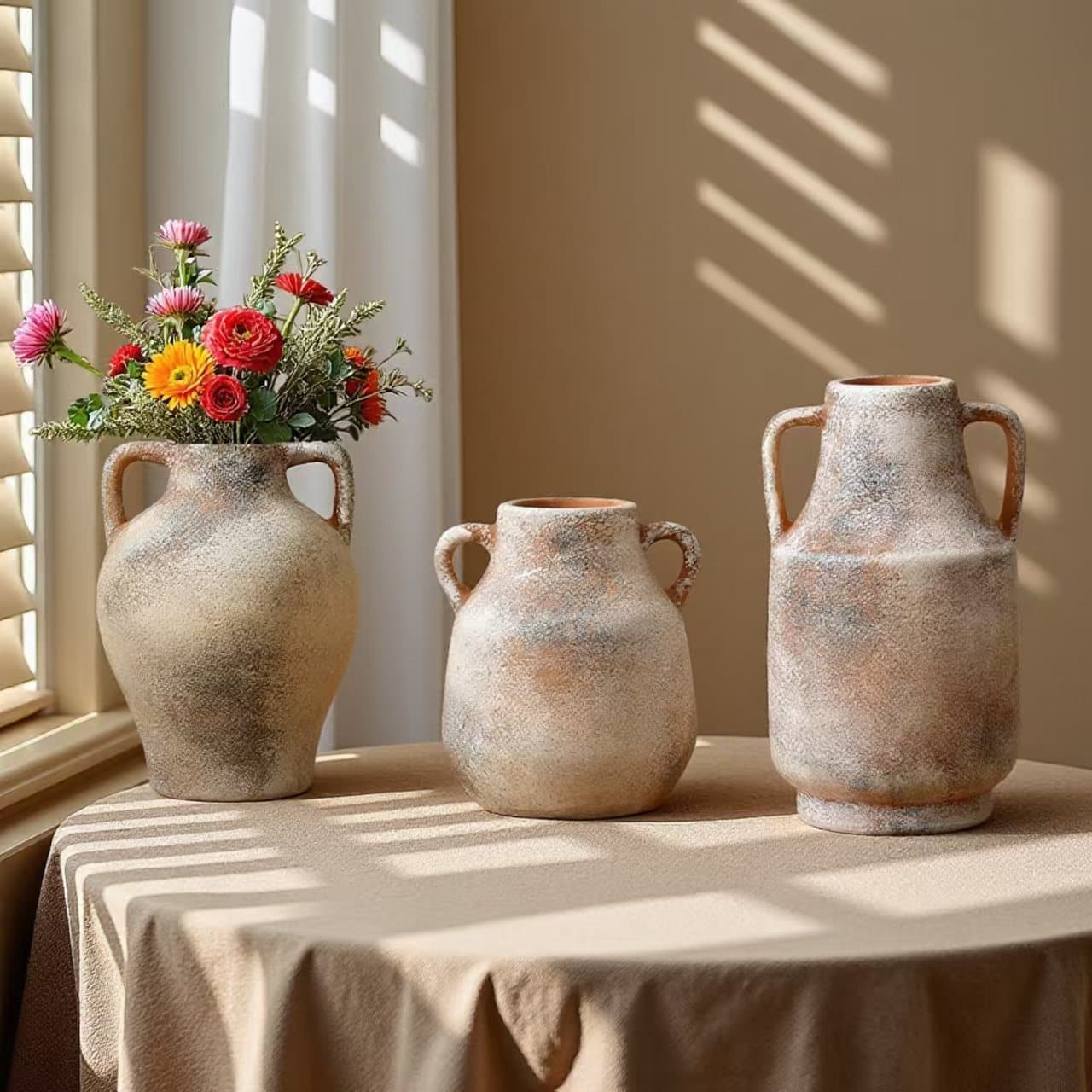 Vintage Ceramic Flower Vase With Handle, Decorative Bottle For Home Decoration, Indoor Ornament And Floral Arrangement Prop