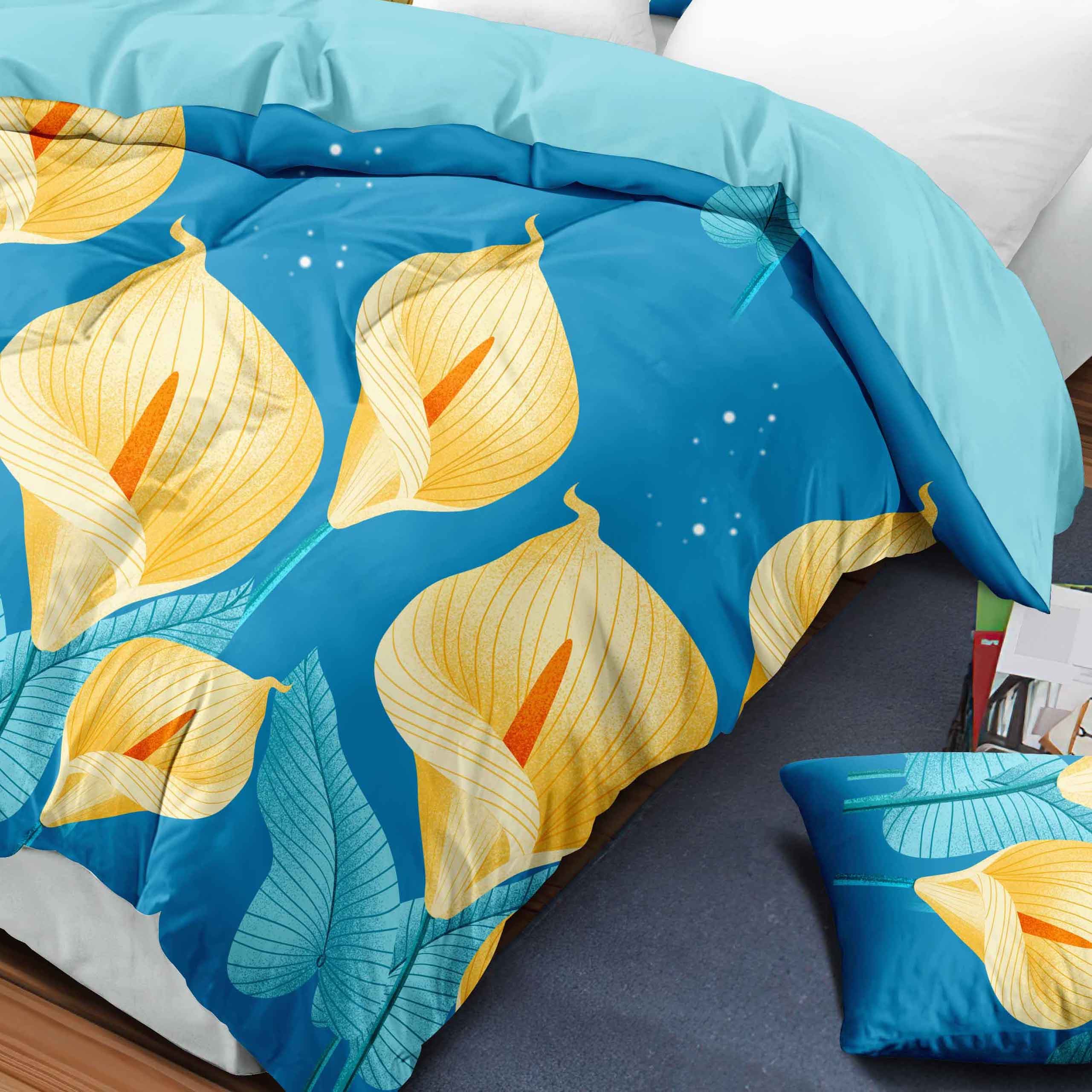 9-Piece Blue And Yellow Floral Quilted Bedspread Set With 6 Curtains And Pillowcases, Microfiber Bedroom Decor