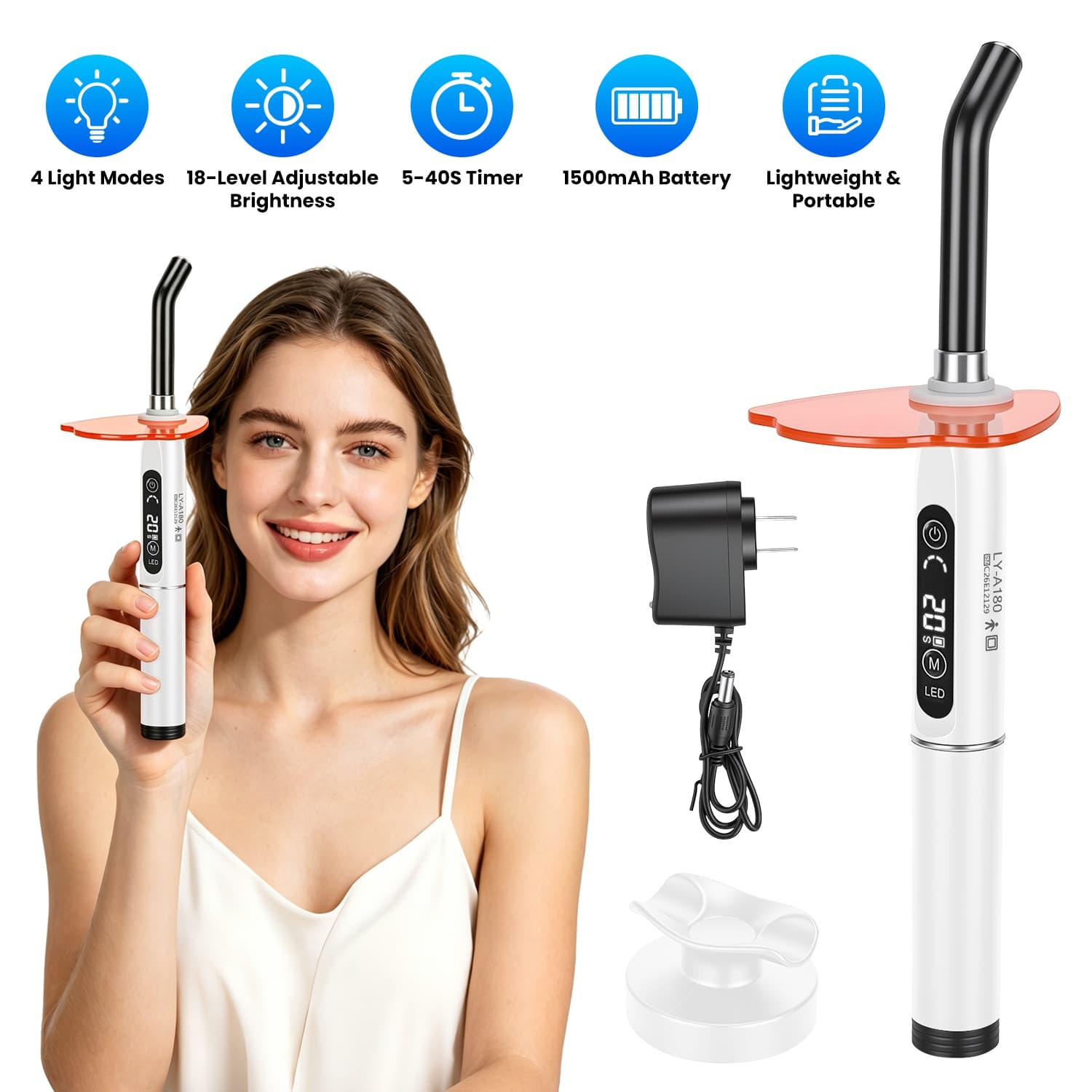 Dental Curing Light With Base Cordless LED Cure Lamp With 4 Modes 18-Level Brightness 5-40S Adjustable Timer LCD Display For Dental Clinics Dentists
