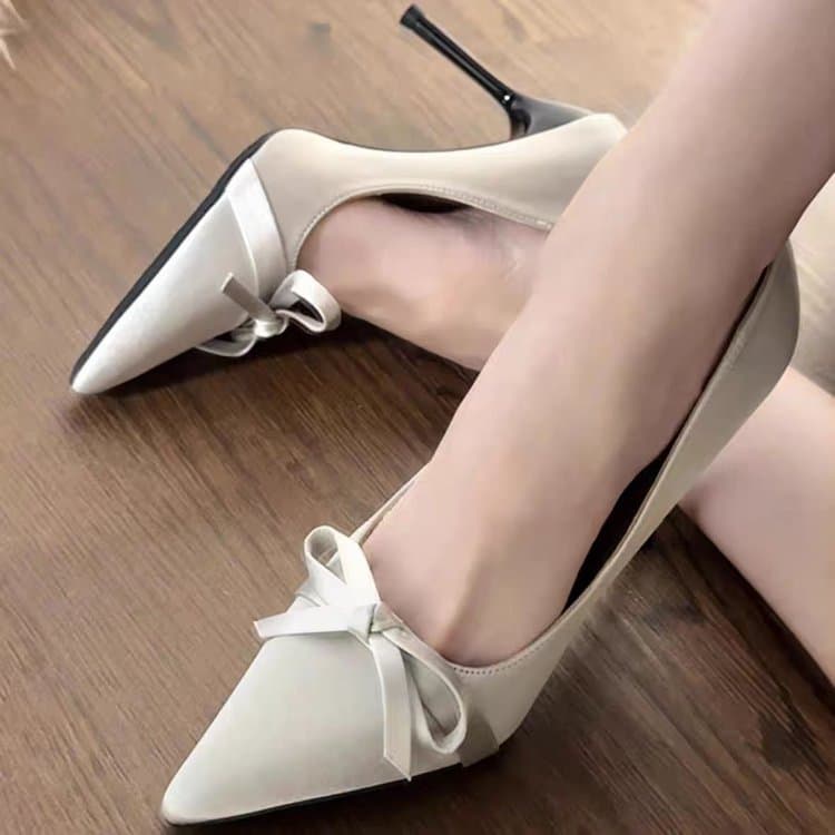 Women Pointed Toe Stiletto Heel Satin Pumps Bow Decor Elegant Wedding Dress High Heels