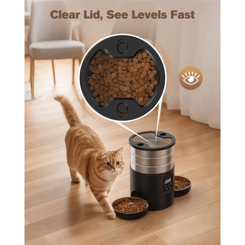 Dual Bowl Automatic Cat Feeder For Two Cats With Stable Anti Slip Design And Programmable Timer Offering One To Ten Portions Per Meal Transparent Locking Lid And Smart Dispenser For Both Dry And Wet F
