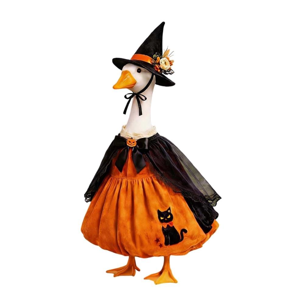 Halloween Porch Goose Outfits, Pumpkin Witch Black Cat Dress With Hat For 23'' Lawn Cement Plastic Goose Cute Porch Goose Outfit For Outdoor Garden Yard Decor