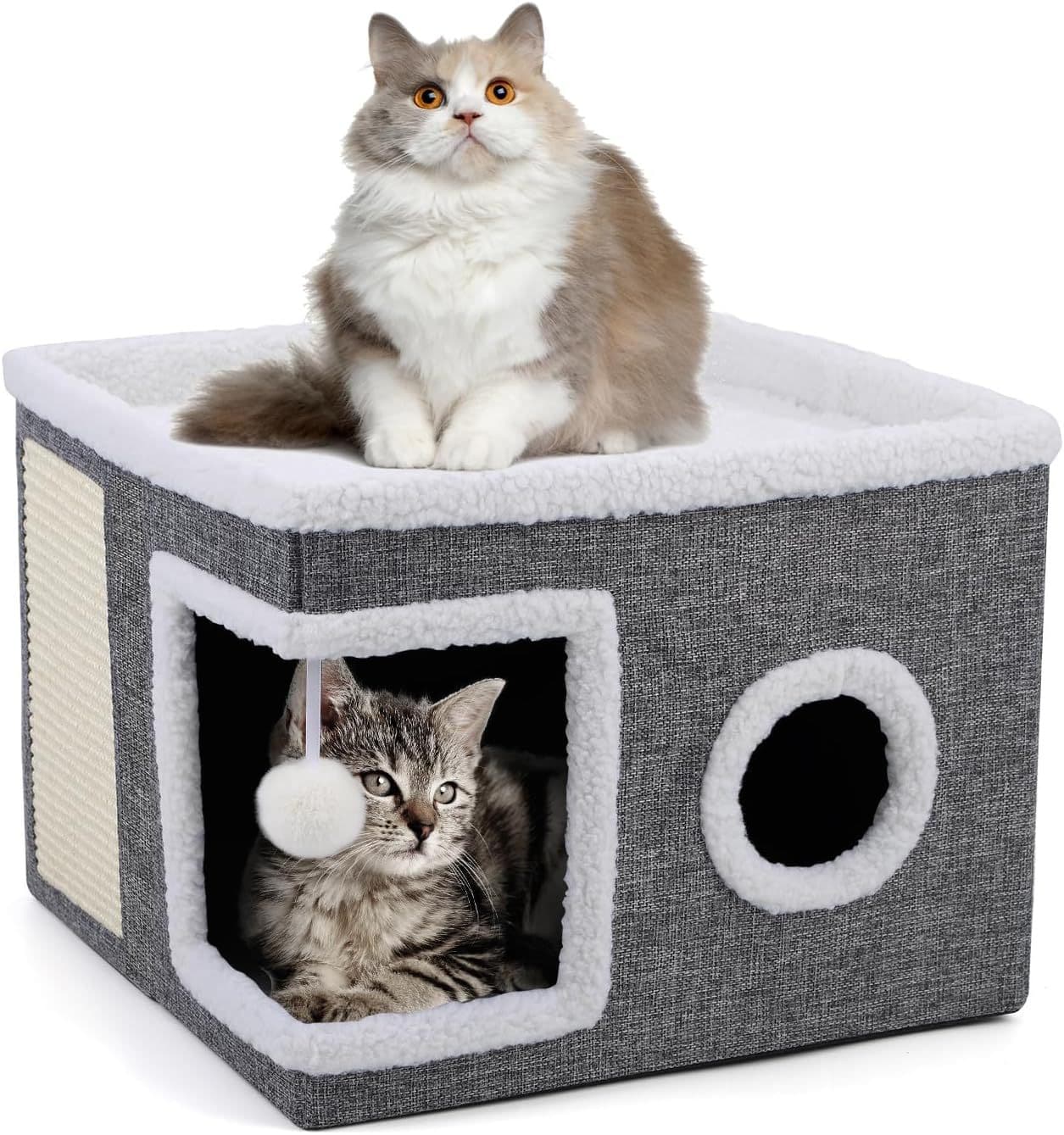 Cat Beds For Indoor Cats, Large Cat Cave With Fluffy Ball And Scratch Pad, Foldable Cat Scratch House With Hideaway Condo For Kitten