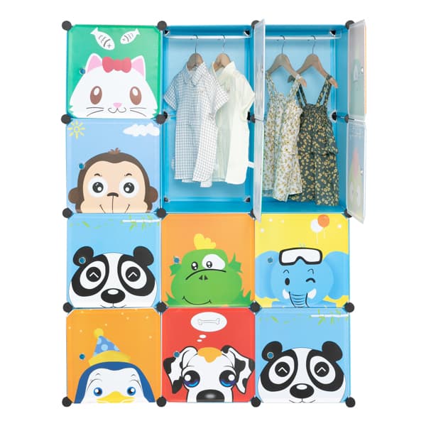 4-layer 12-compartment 2-hanging-bar Modular Wardrobe With Plastic And Steel Wire Materials Featuring Animal Patterns. The Door Has A Floral Design And The Cabinet Body Is Blue.