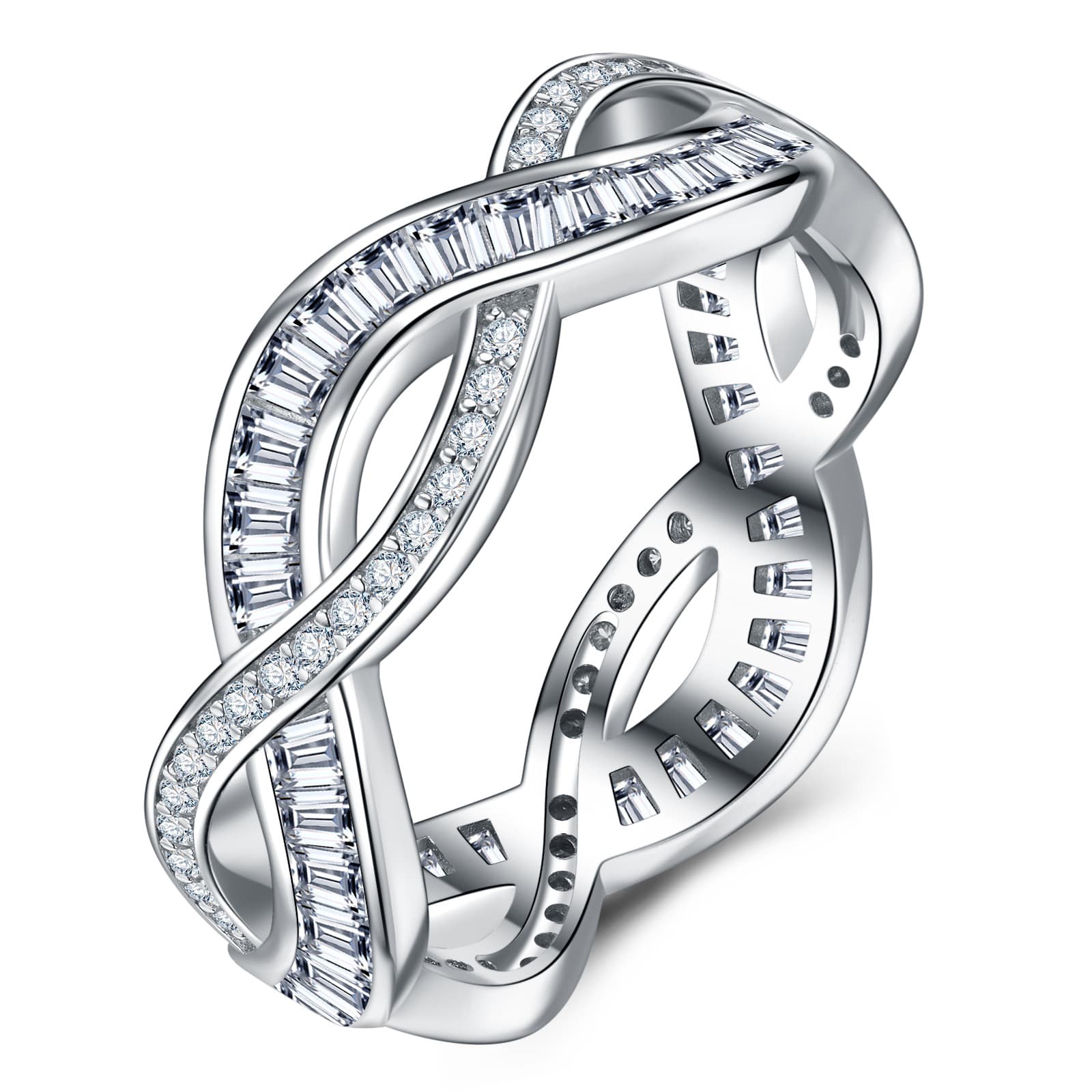 S925 Silver 3g Baguette Moissanite Intertwined Ring, D VVS1, GRA US 5-8