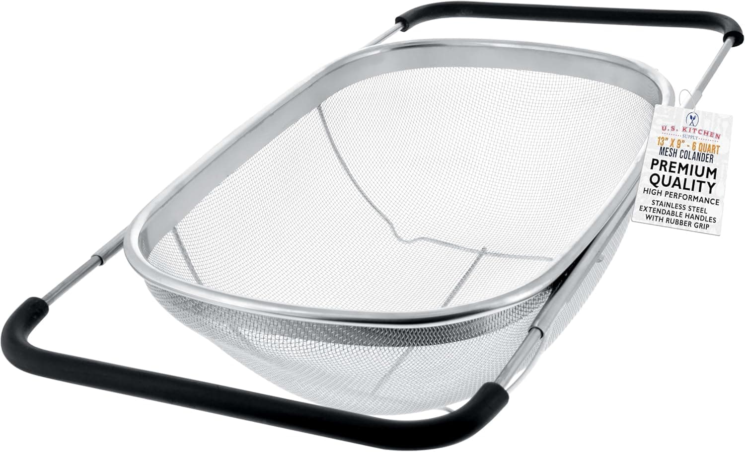 Stainless Steel Colander Strainer, 6 Quart Collapsible Kitchen Sieve With Expandable Rubber Handles, Fine Mesh Rectangular Food Drainer