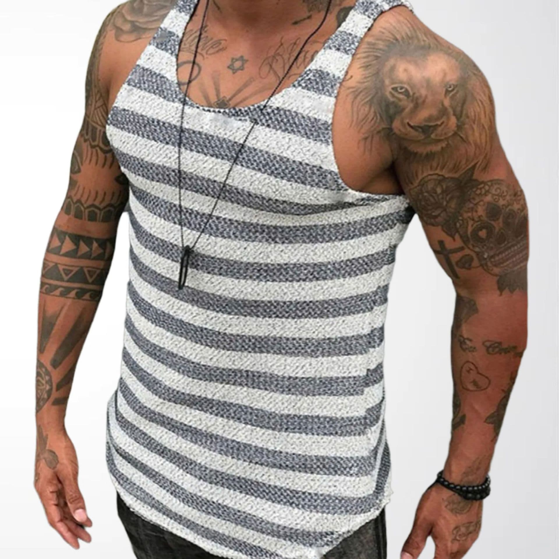 New Summer Men's Sleeveless Striped Knit Top, Casual Sports Knit Tank Top For Men