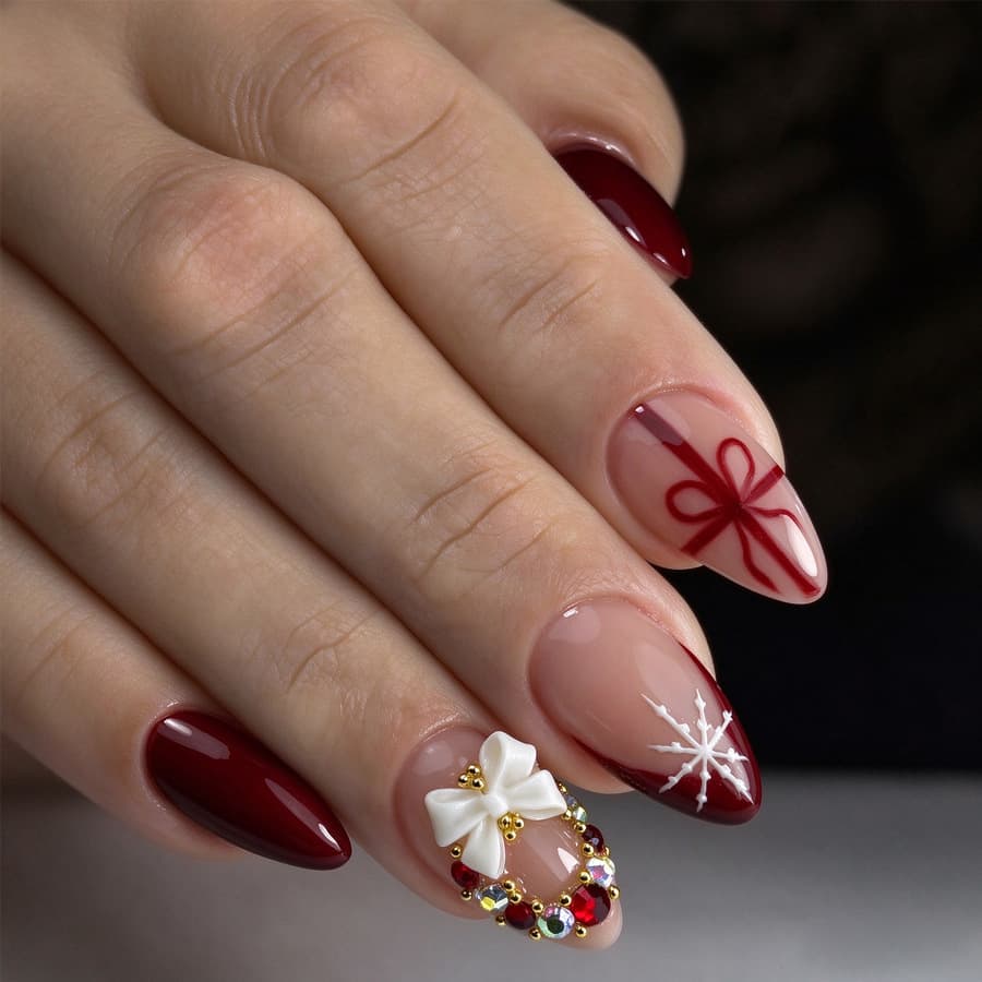 24 Pcs Almond Press-On Nails, Christmas Red Ombre Fake Nails With White Polka Dots And Bow, Artificial Nail Tips For Women, Holiday Manicure Set