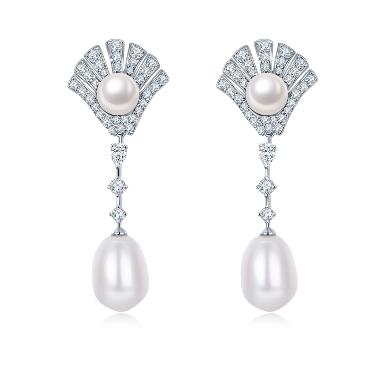 S925 Sterling Silver Pearl Dangle Earrings, Fan Pave, Teardrop Pearl, Platinum Plated, 4.5g, Gift Box