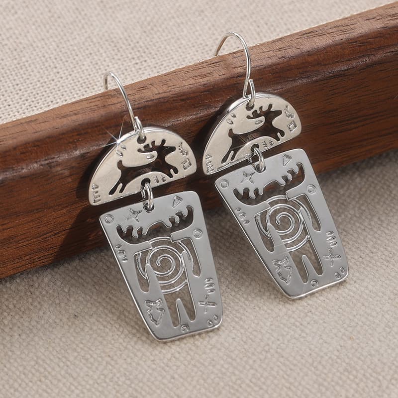 Vintage Abstract Symbol Drop Earrings Silver Tone Brass Women Artistic Party Fashion Jewelry Statement Geometric