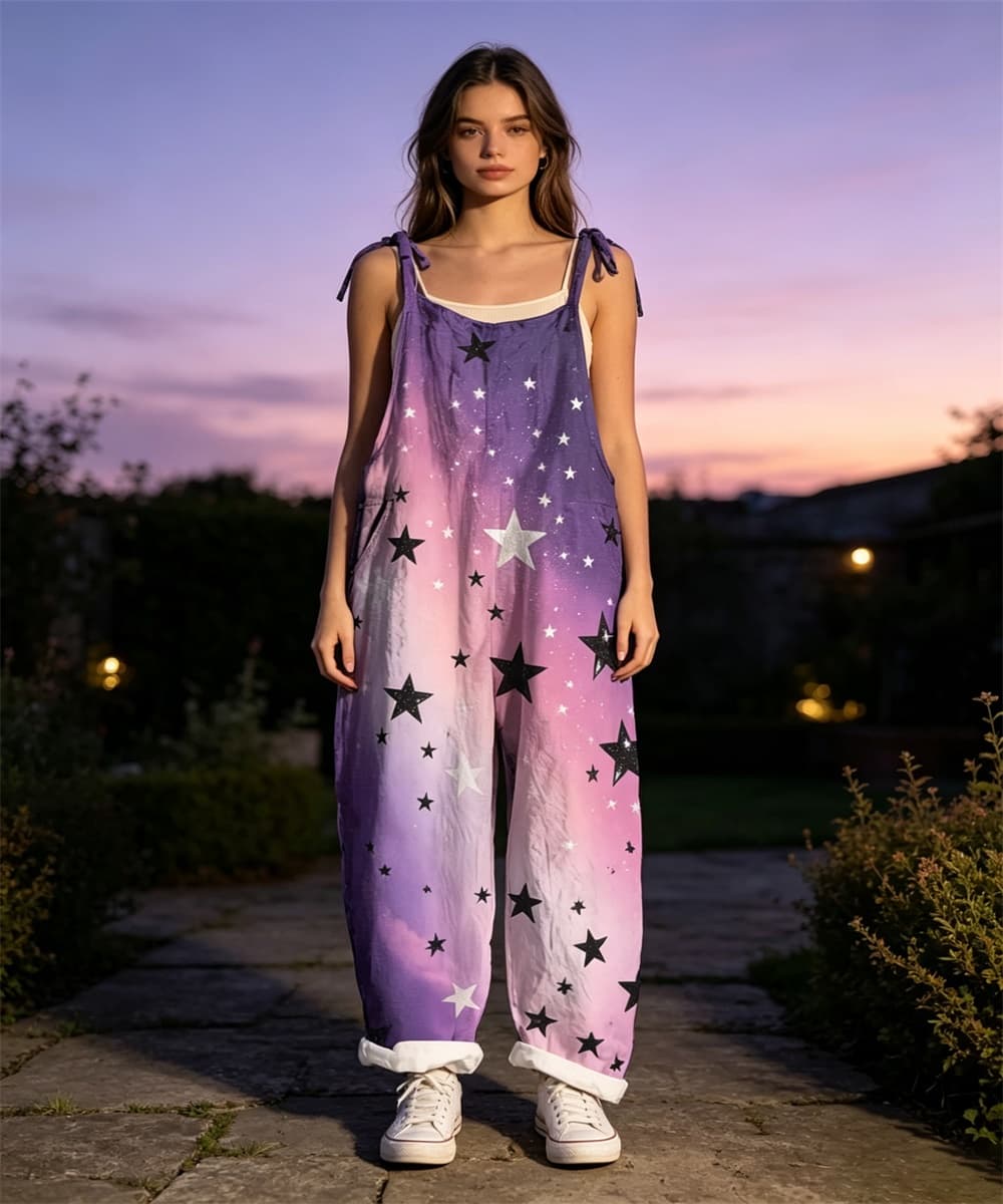 Women's Tie Shoulder Overalls, Purple Pink Gradient Star Print Wide Leg Jumpsuit