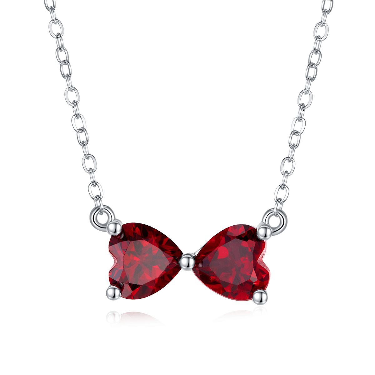 S925 Silver 2.4g 1.6ct Lab-Created Ruby Bow Necklace, 6mm Heart Pendant, 40&5cm