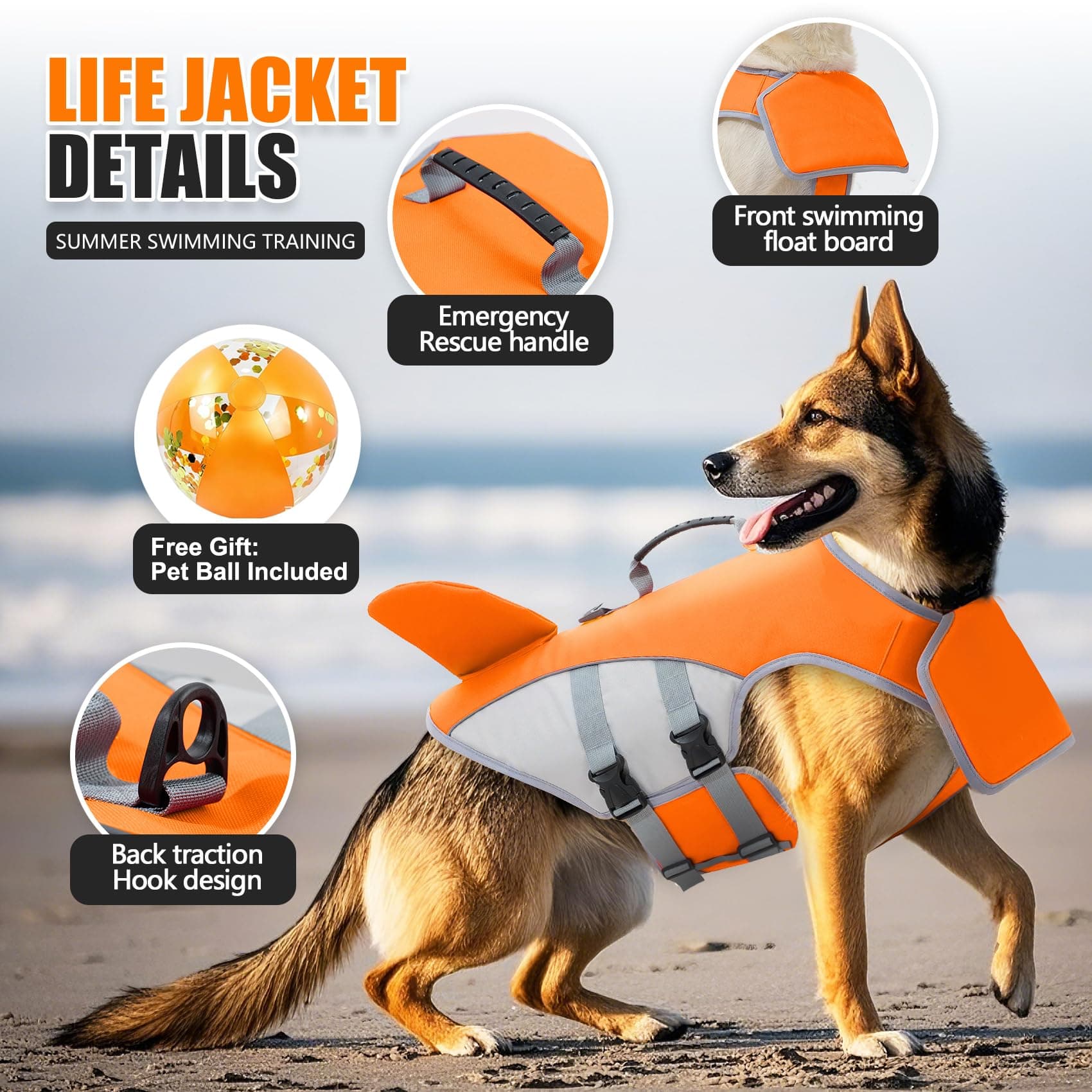 Dog Life Jacket For Small Medium Large Dogs, Shark Pet Life Vest With Rescue Handle & Adjustable Straps, Reflective Dog Flotation Vest For Swimming, Boating, Beach