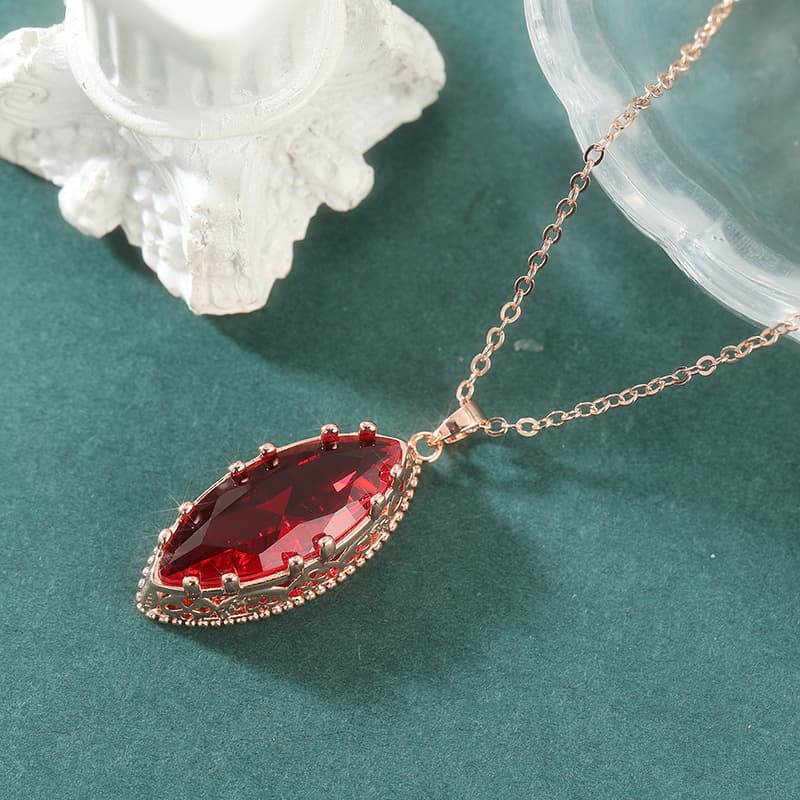 Elegant Red Marquise Crystal Pendant Necklace Rose Gold Tone Brass Women Party Fashion Jewelry Statement