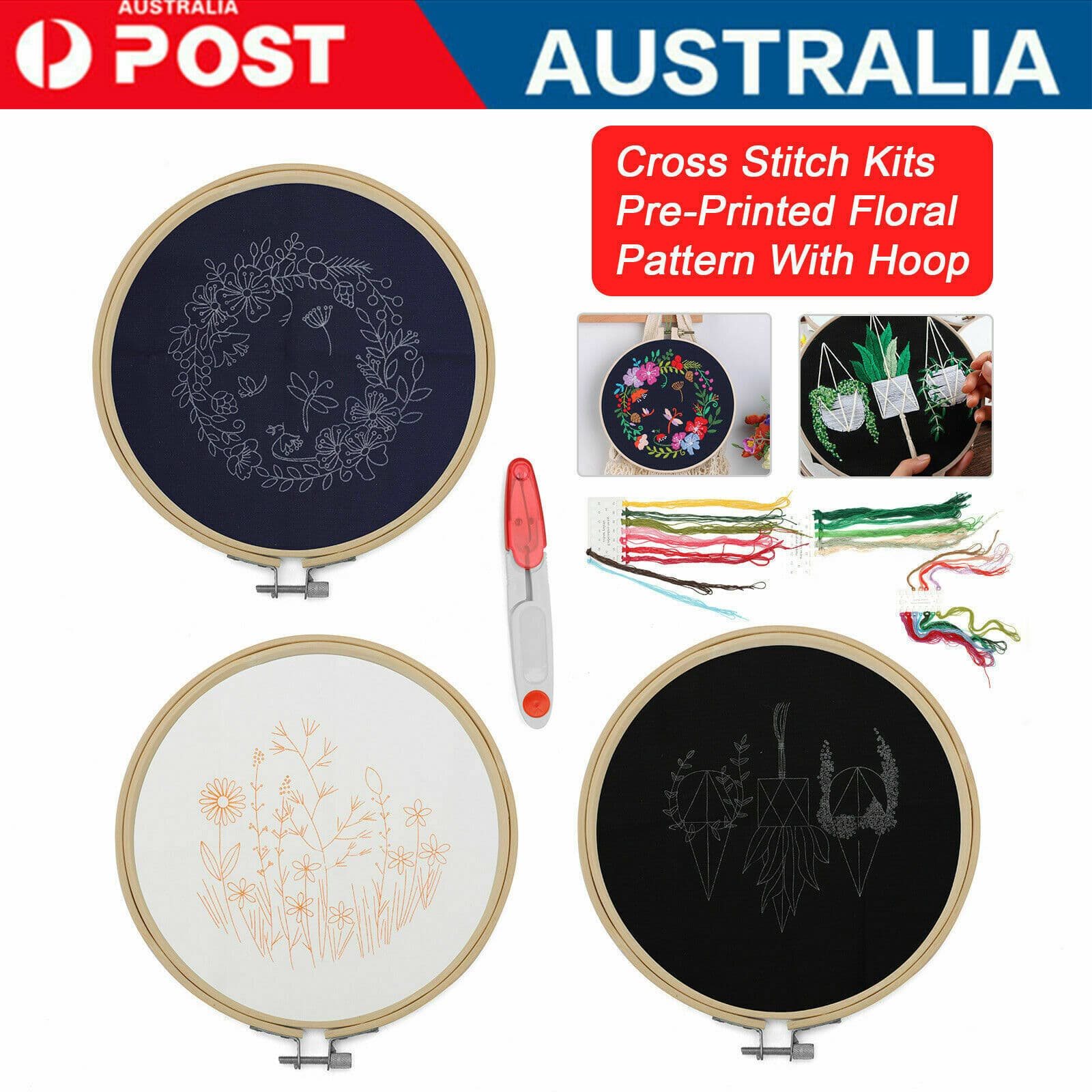 DIY Flowers Pattern Embroidery Kits Craft Beginner Needlepoint Hoop Cross