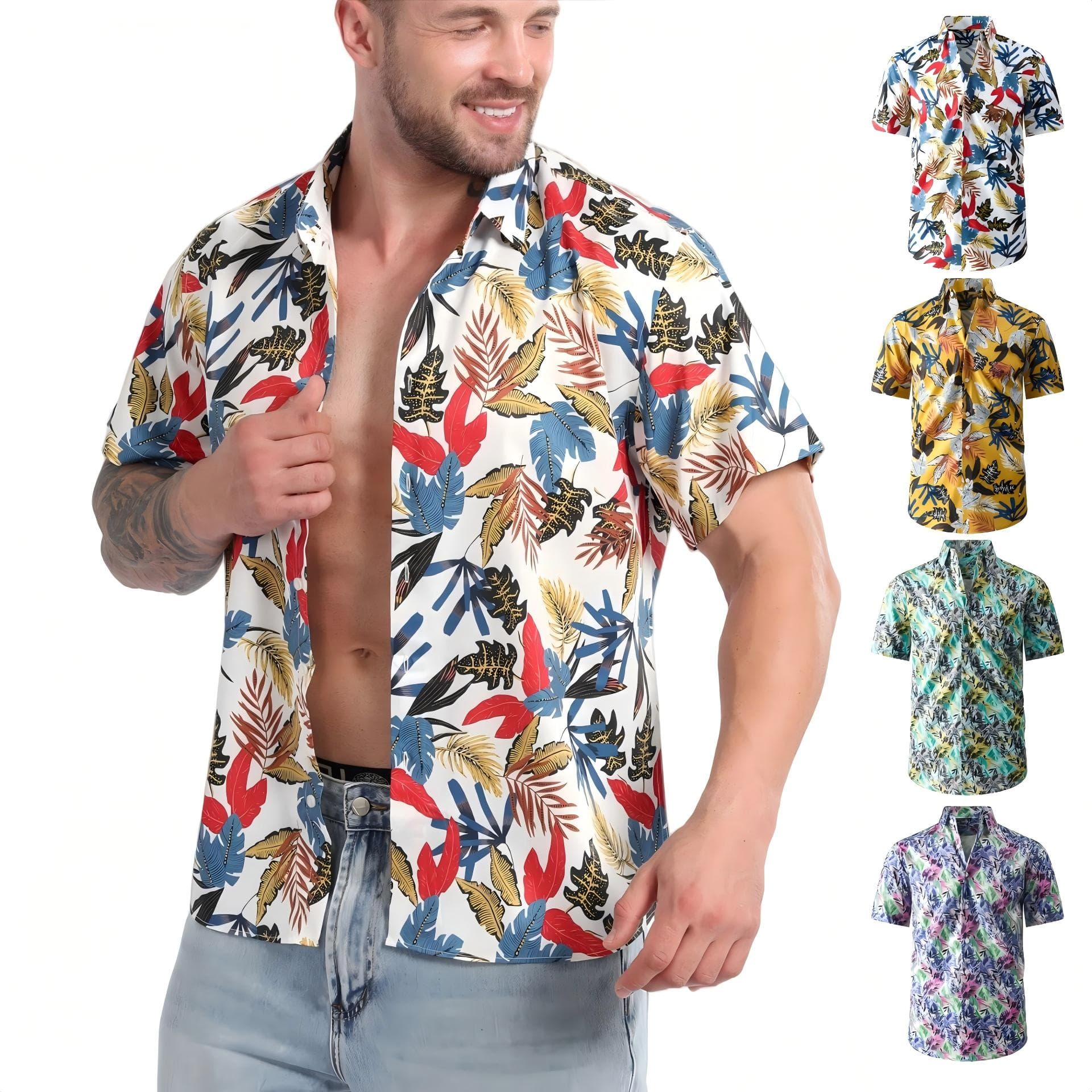 Jiana Cross-Border Specializes In Supplying European And American Style Hawaiian Beach Shirts For Men, Short-Sleeved, Stretchy, Wrinkle-Free, Cool-Feeling Men's Shirts And Cardigans