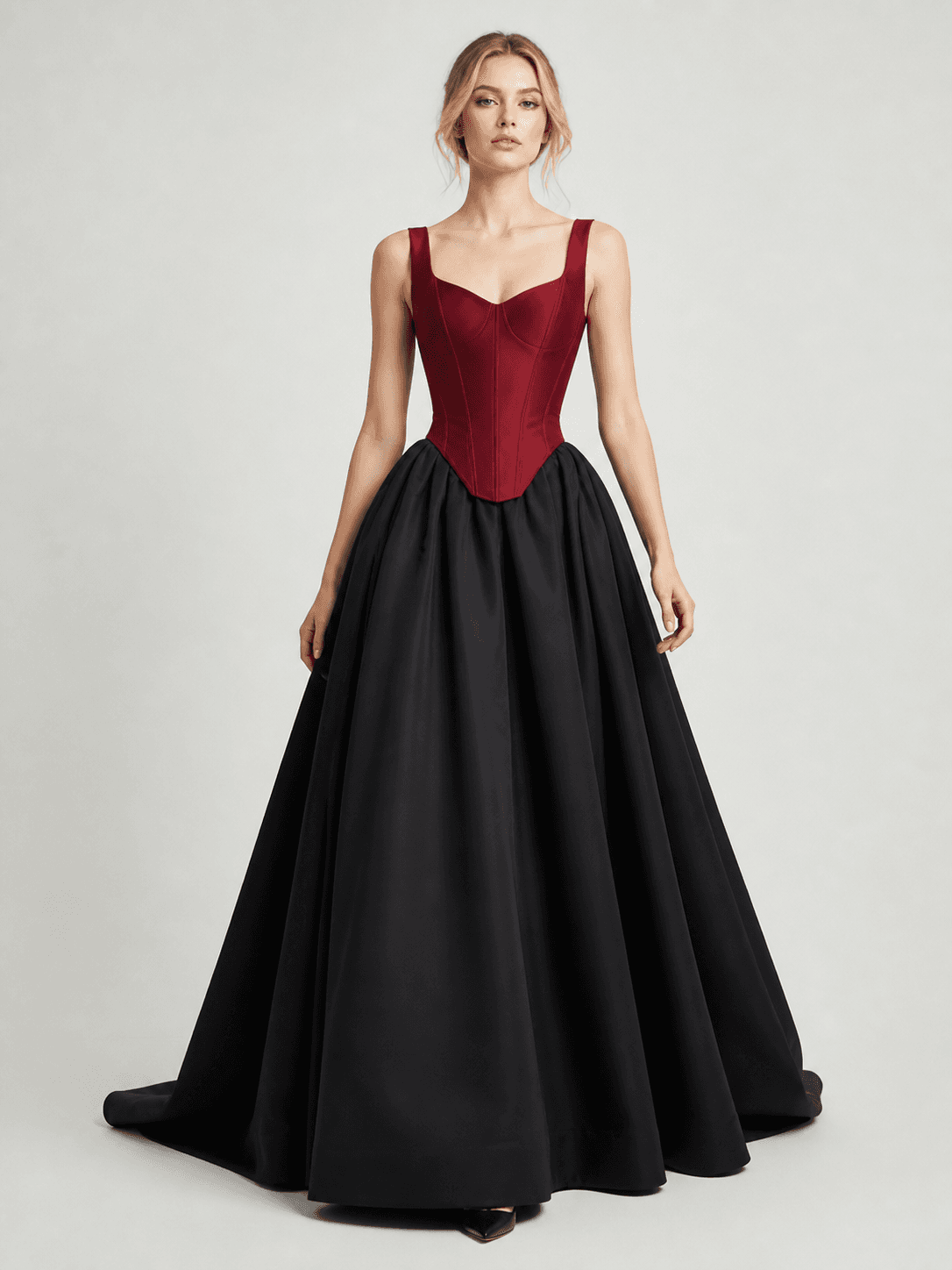 Burgundy Corset Bodice Black Satin Ball-Gown Evening Dress