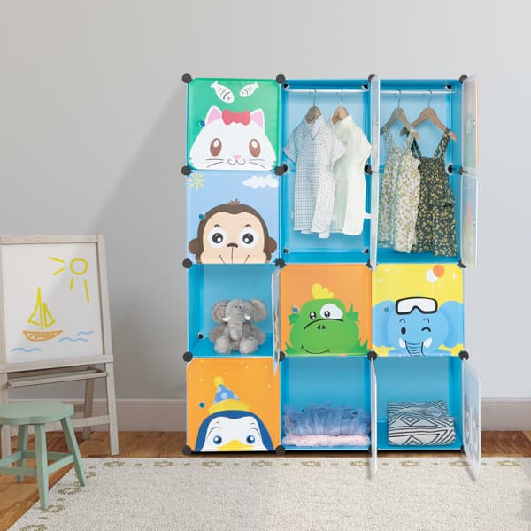 4-layer 12-compartment 2-hanging-bar Modular Wardrobe With Plastic And Steel Wire Materials Featuring Animal Patterns. The Door Has A Floral Design And The Cabinet Body Is Blue.
