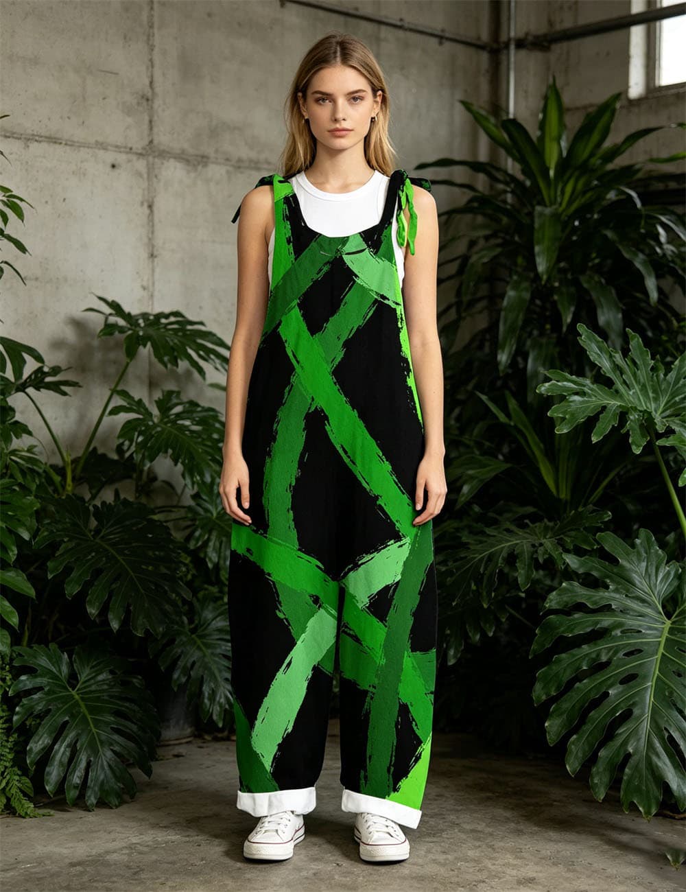 Women's Abstract Green Swirl Print Overalls Tie Shoulder Wide Leg Jumpsu