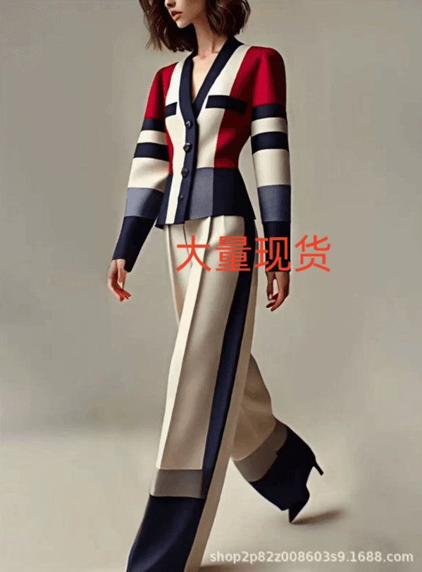 Xiaoxiang Style Contrasting Color V-neck Knitted Cardigan Women's Retro Color Block Splicing Slim Fit Waist Cinching Short Jacket