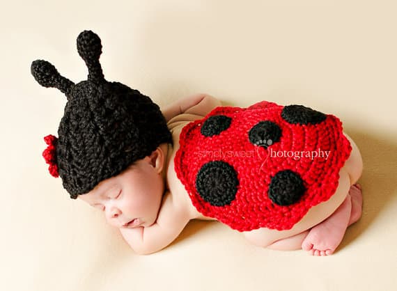 Hand Knit Newborn Ladybug Sweater Set, Handmade Crochet Baby Photo Prop Outfit For Studio Photoshoot
