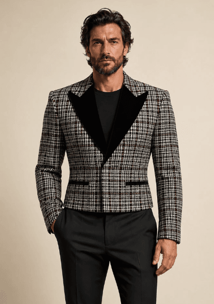Men Cropped Plaid Tuxedo Blazer Black Velvet Peak Lapel Jacket Only