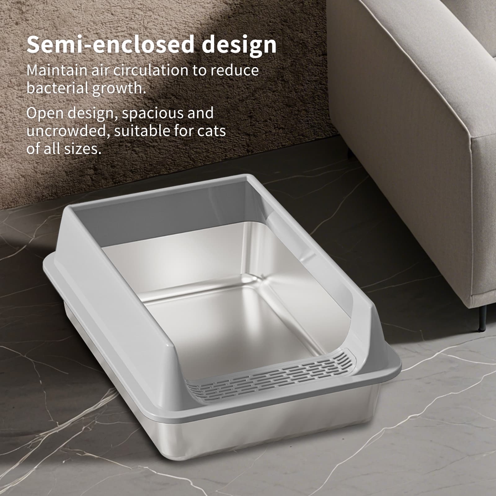 Stainless Steel Cat Litter Box, Semi Enclosed High Sided Metal Litter Pan With Sand-Shedding Pedal, Odor Resistant Anti Slip Cat Toilet