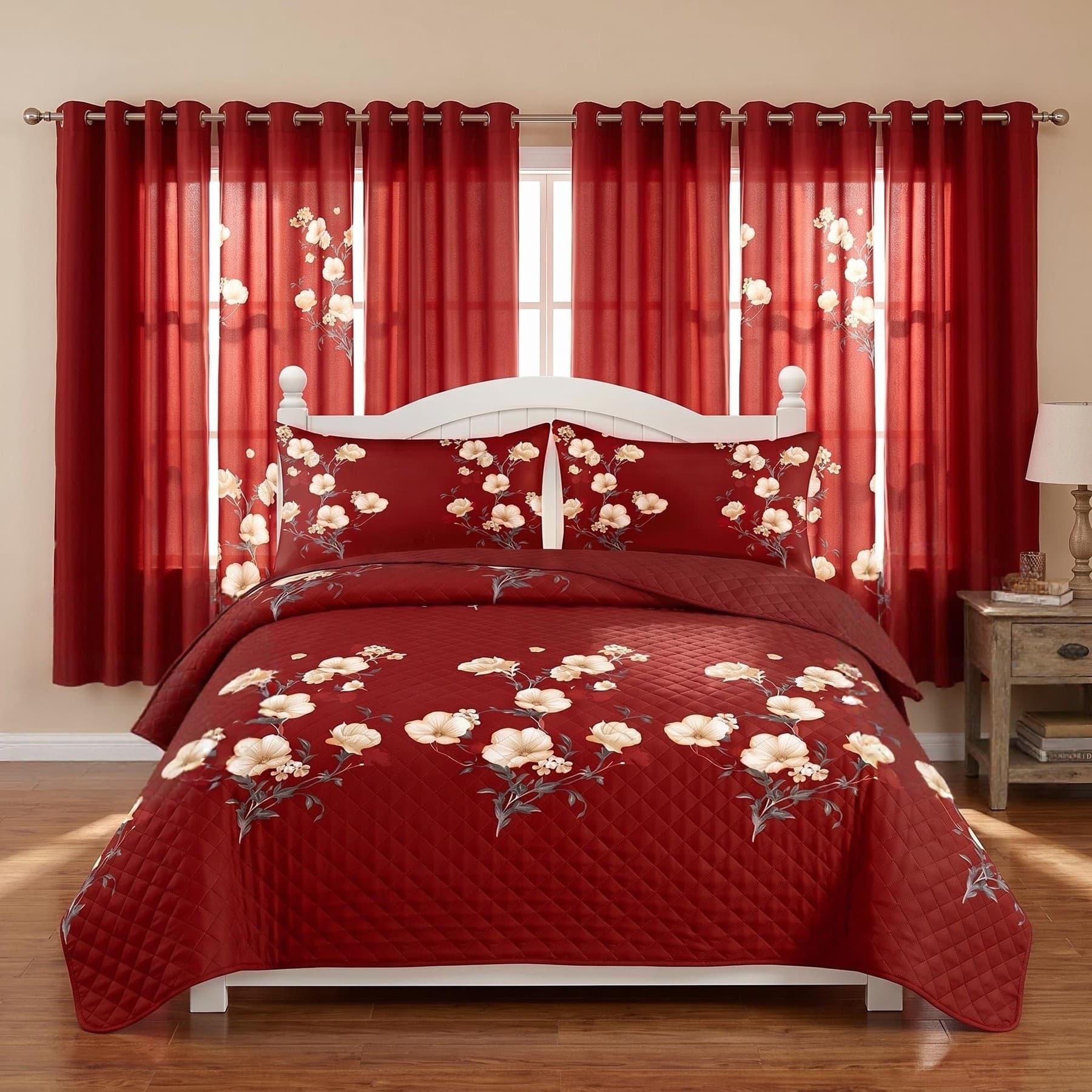 9-Piece Red Floral Quilt and Curtain Set, Reversible Microfiber Bedspread with 2 Pillow Shams and 6 Window Curtains, Queen, King and California King