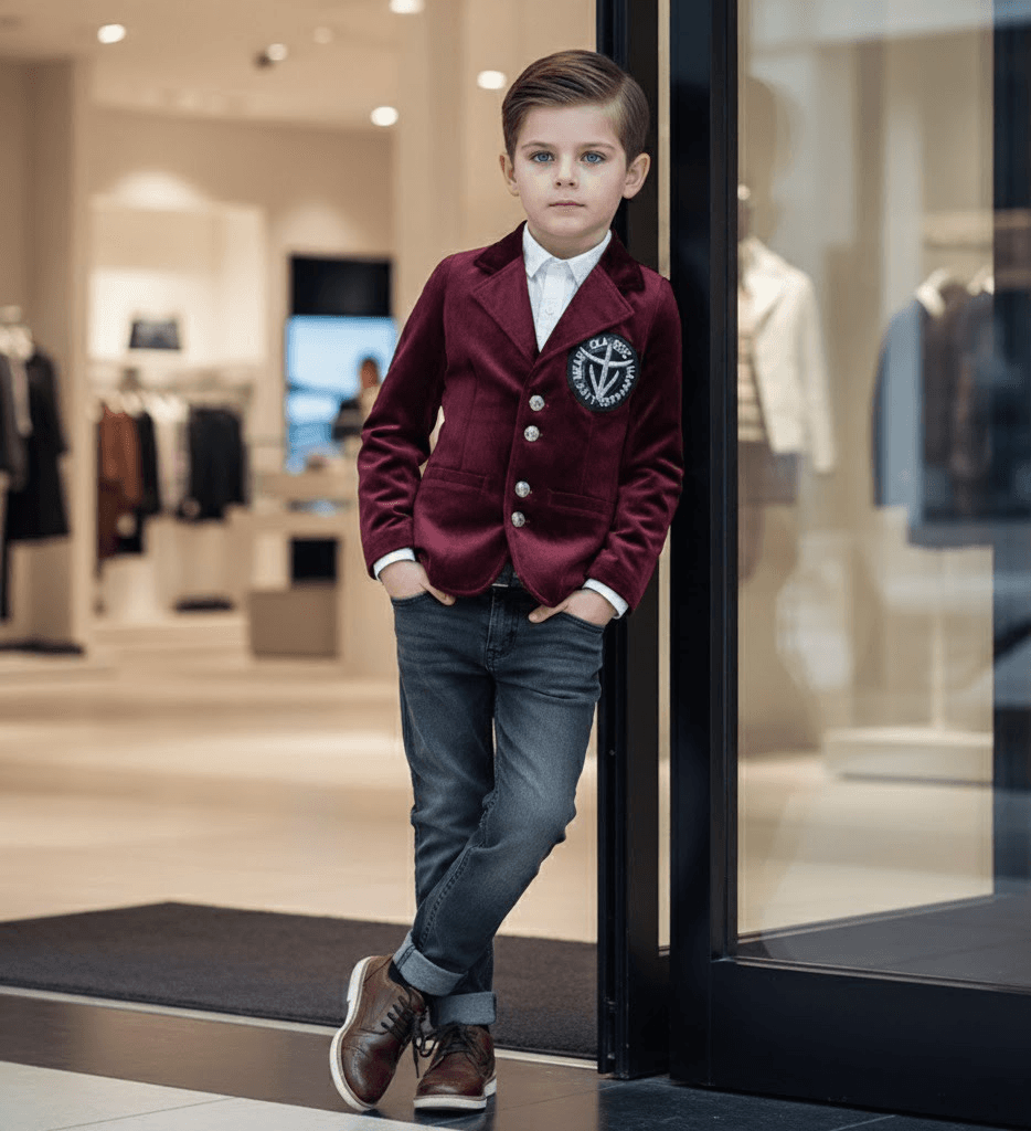 Boy Formal Suit Birthday Party Jacket Velvet Blazer Wine Red 3-7y Slim Fit