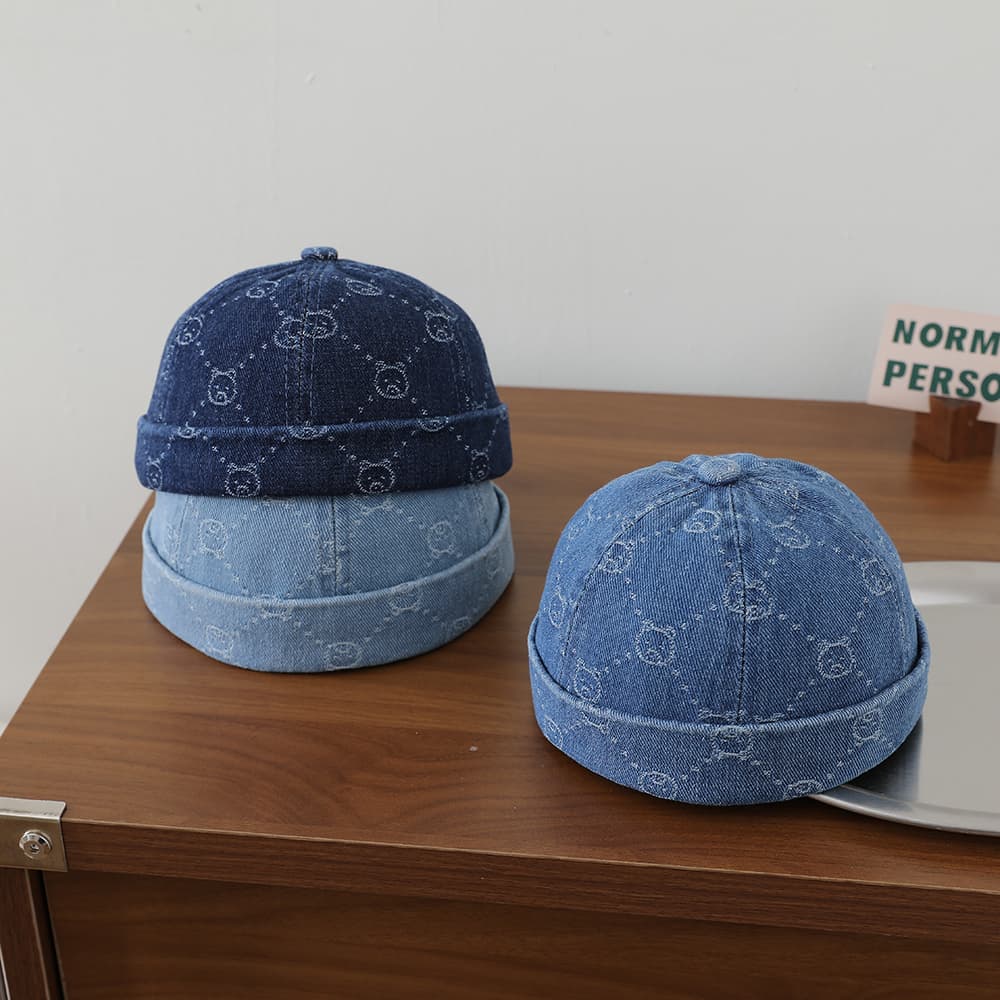 Full-pattern Jacquard Teddy Bear Children's Denim Cowboy Hat, Washed And Distressed Rolled Brim Straw Hat, Outdoor Travel Hat