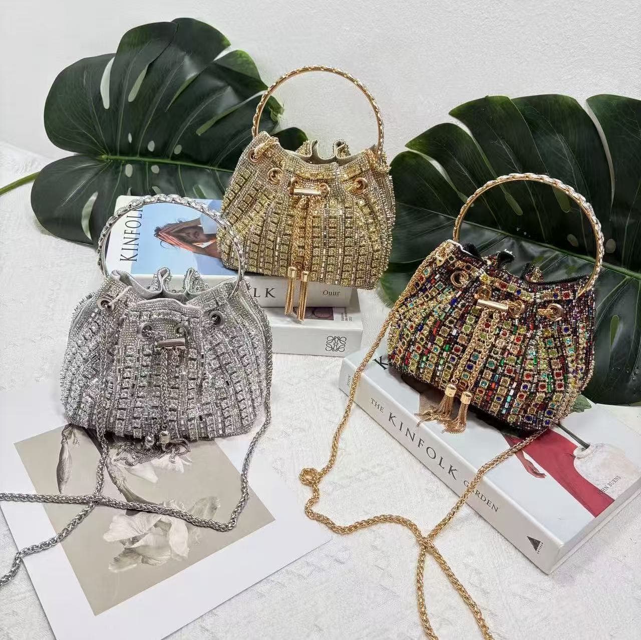 Women's All-Over Rhinestone Mini Bucket Bag Minimalist Chic Chain Evening Bag, Sparkling Top-Handle Party Purse