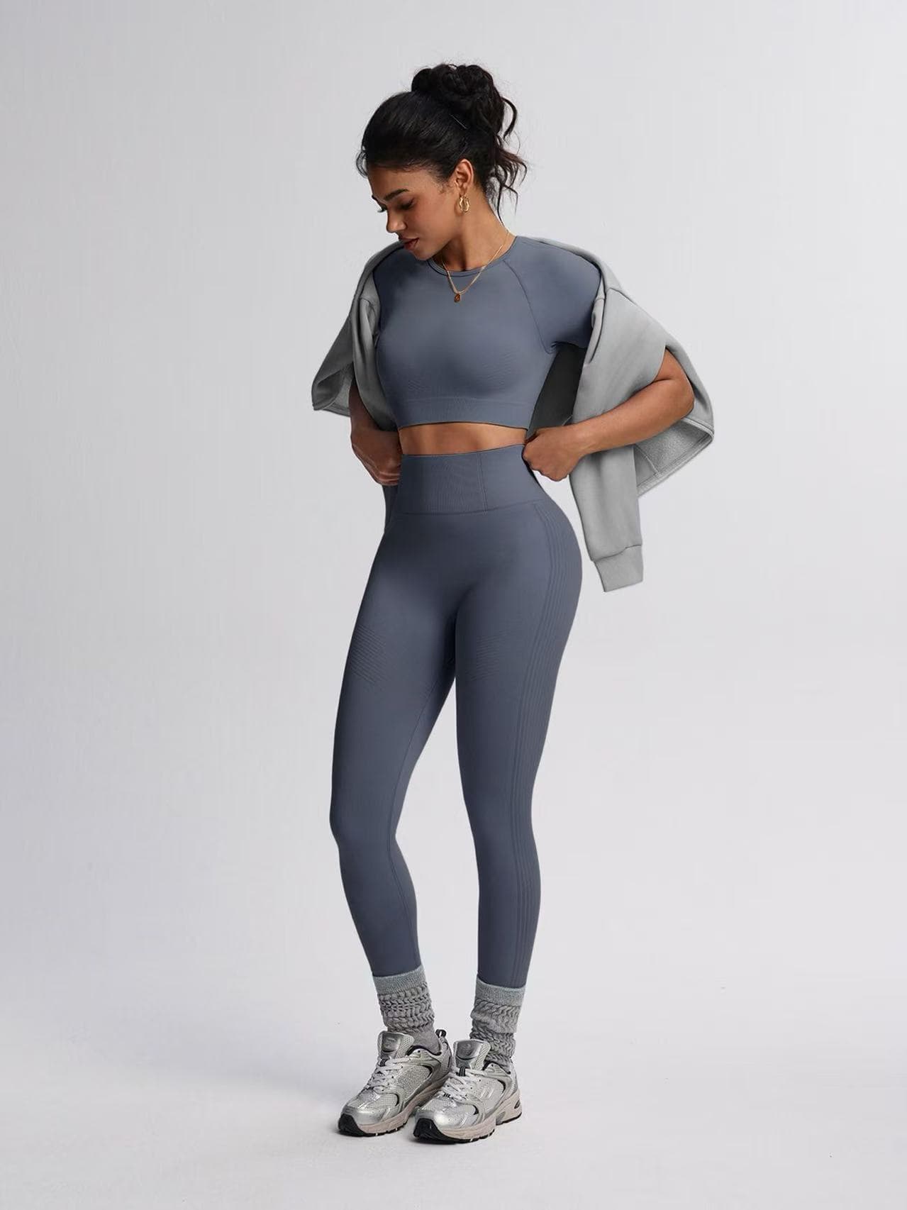 Women's 2-Piece Seamless Workout Outfit, Short Sleeve Crop Top & High Waist Ribbed Butt Lifting Yoga Leggings Fitness Activewear Set