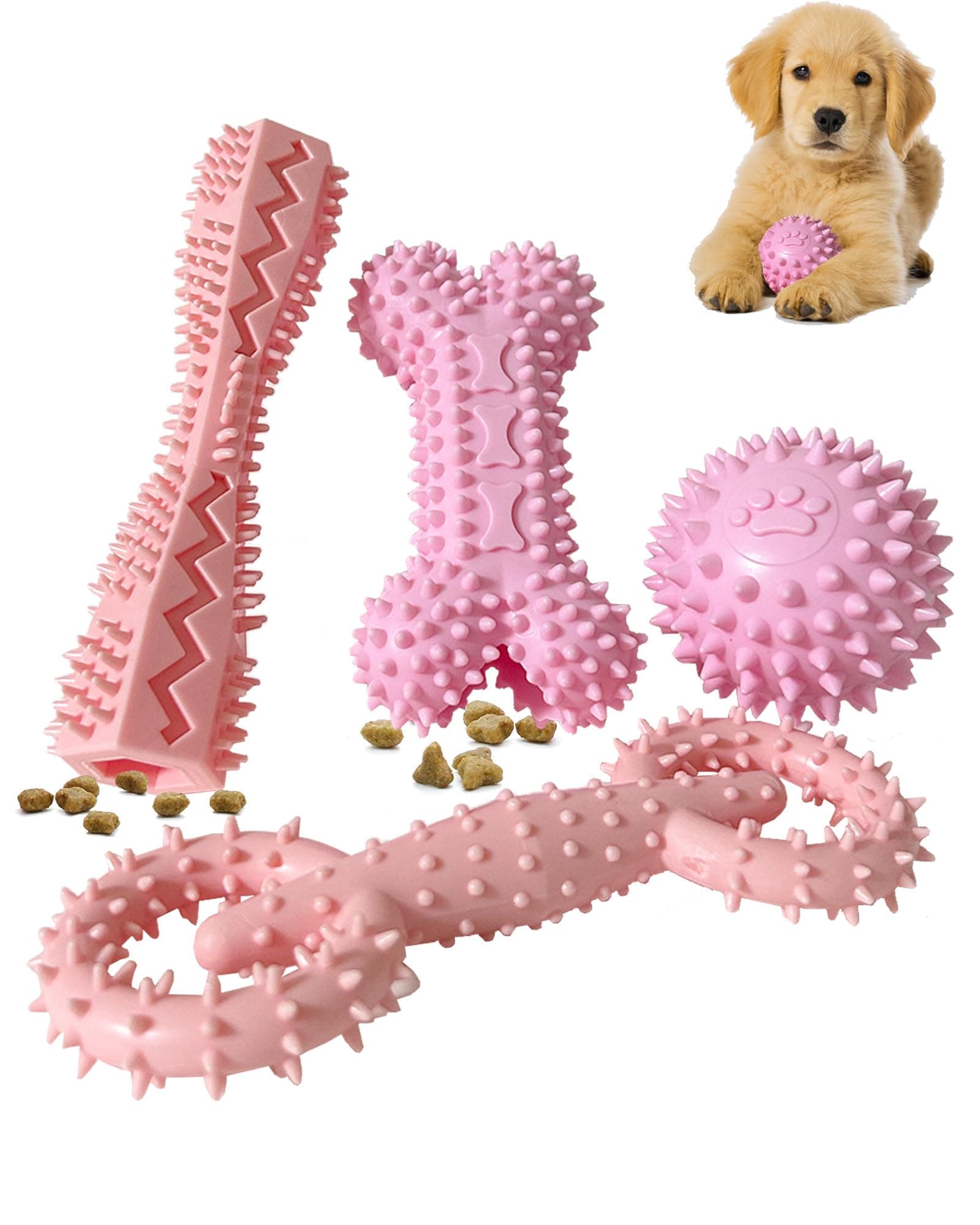 4 Pack Puppy Teething Chew Toys For Small Medium Dogs  Girl Dog Toy Set  Cute 2-8 Months  Cleaning Teeth  Food Dispensing  Durable  Interactive Bone Donut Chew Toy Dental Ball Treat Dumbbell