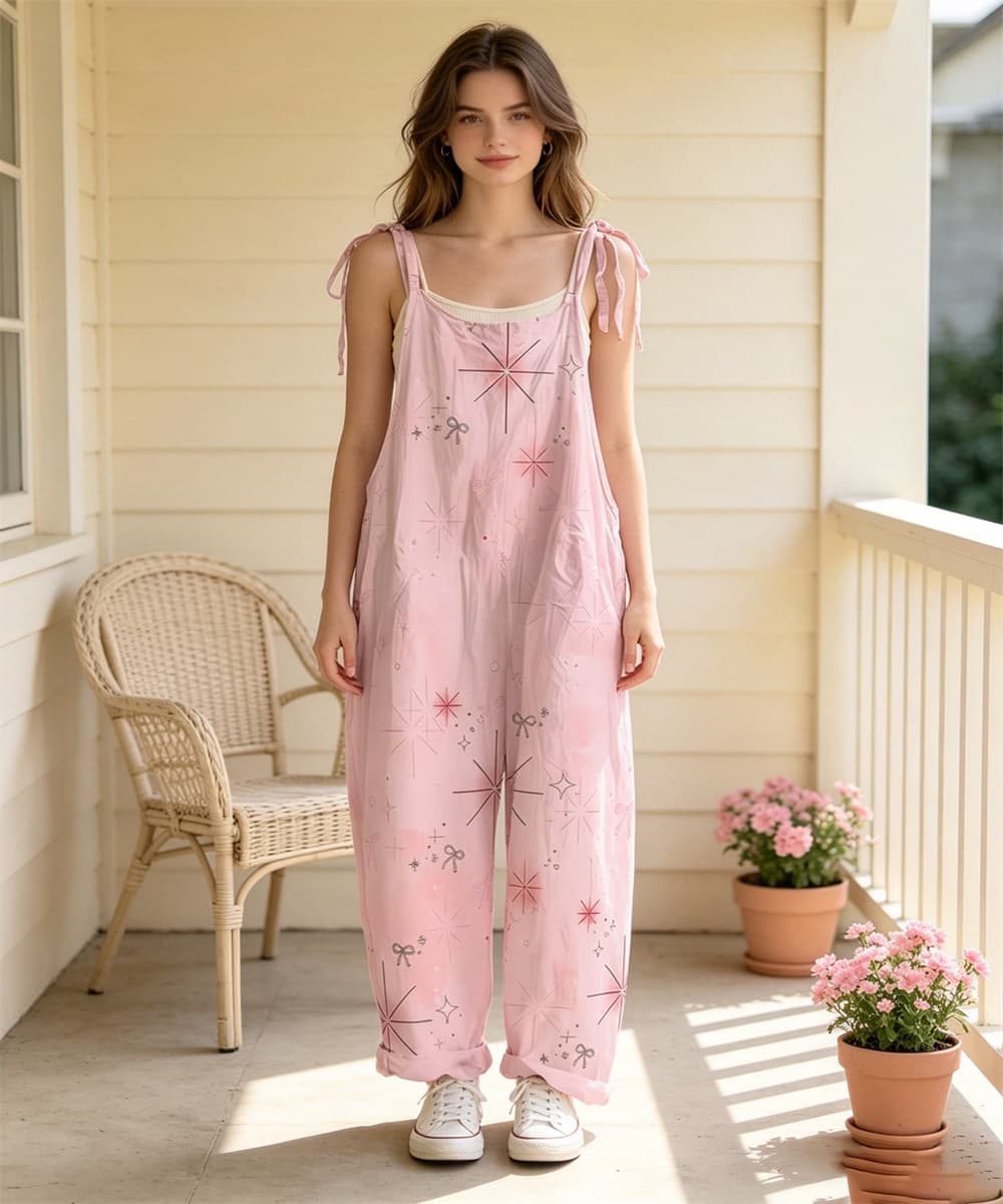 Women's Tie Shoulder Overalls, Pink Star Bow Print Wide Leg Jumpsuit