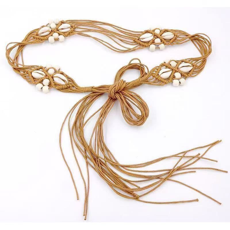 Boho Brown Cotton Rope Shell Woven Waist Belt