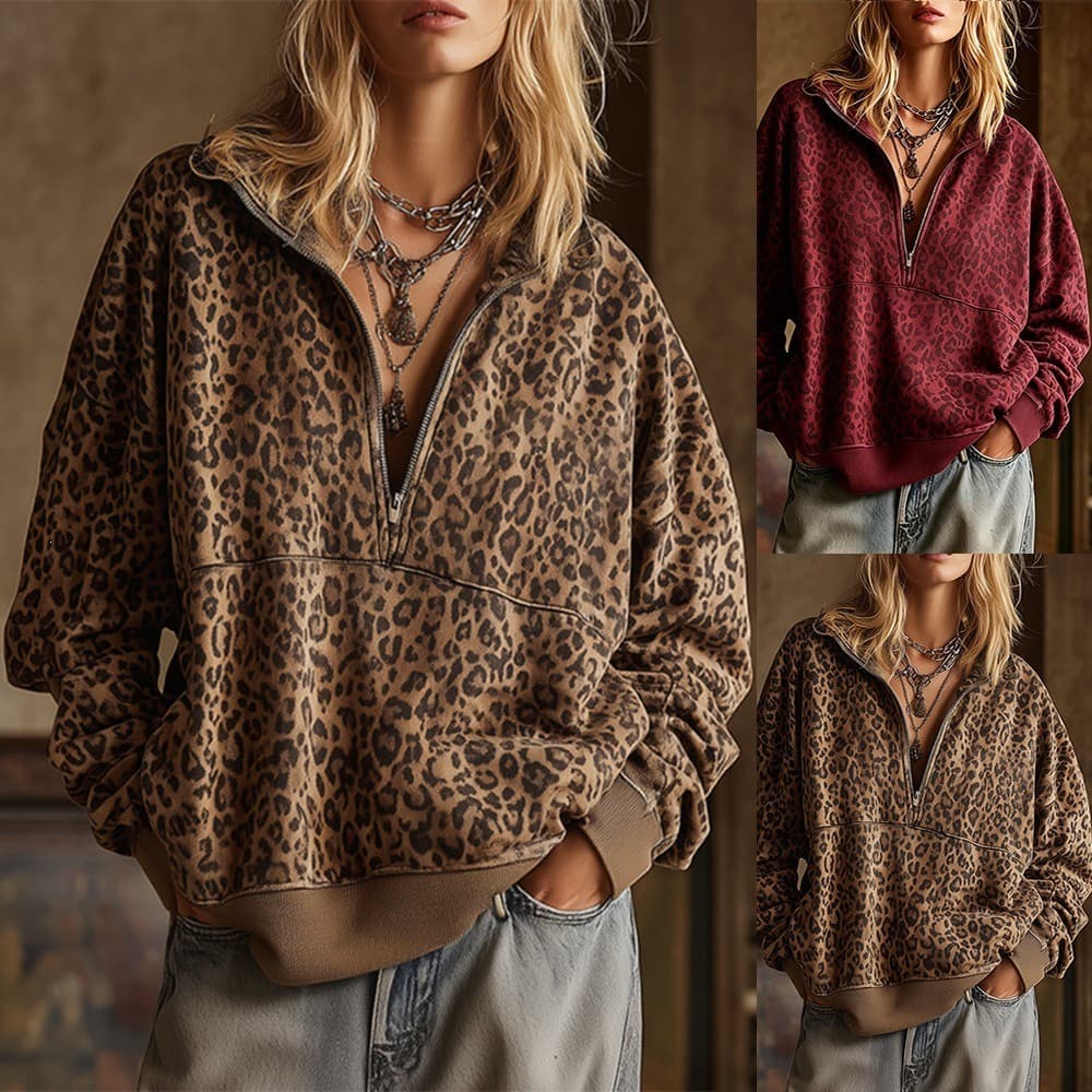 NewArrivalFall Winter HotsellingLeopard Print ZipUp Versatile Casual Womens Hoodie