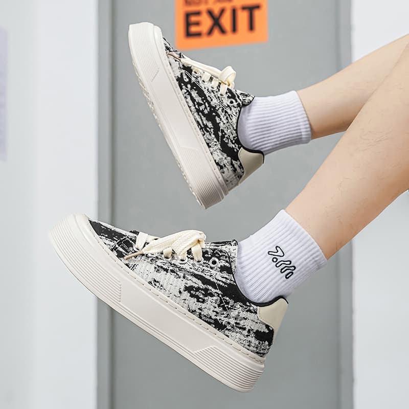 Luxury Trendy Brand Men's Shoes, Summer Fabric Breathable Canvas Sneakers, Versatile Platform Height Increasing Student Skate Shoes