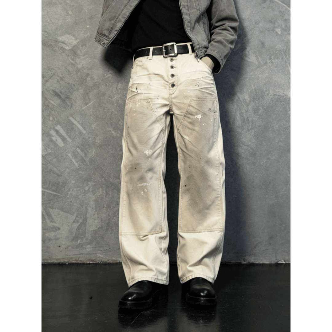 Big And Tall Baggy Jeans Men Vintage Cream Wide Leg Workwear Plus Size Denim Pants US Stock