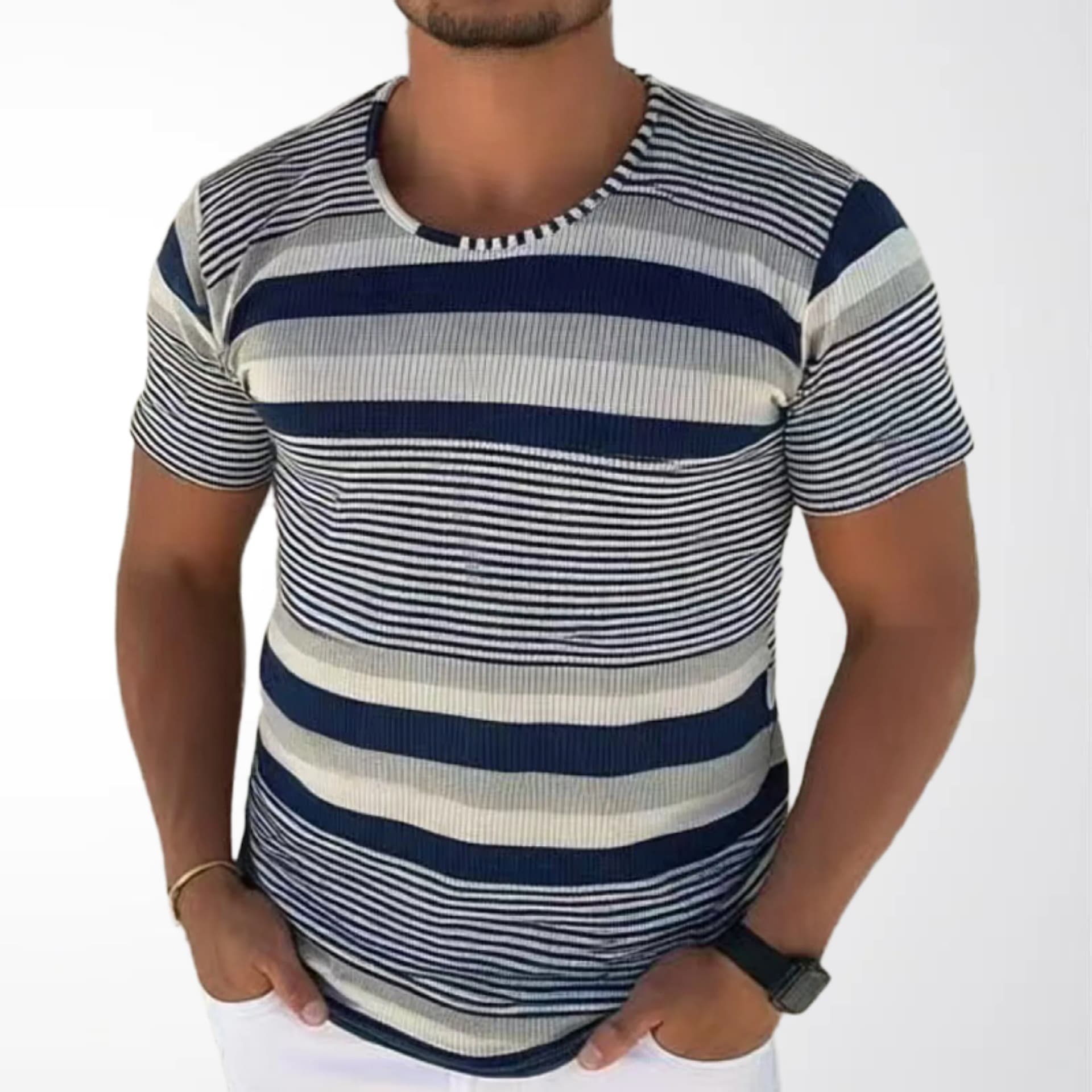 New Spring And Summer Striped Knitwear For Cross-border Men's Apparel, Crew Neck Short-sleeve Pullover Knit Undershirt For Men
