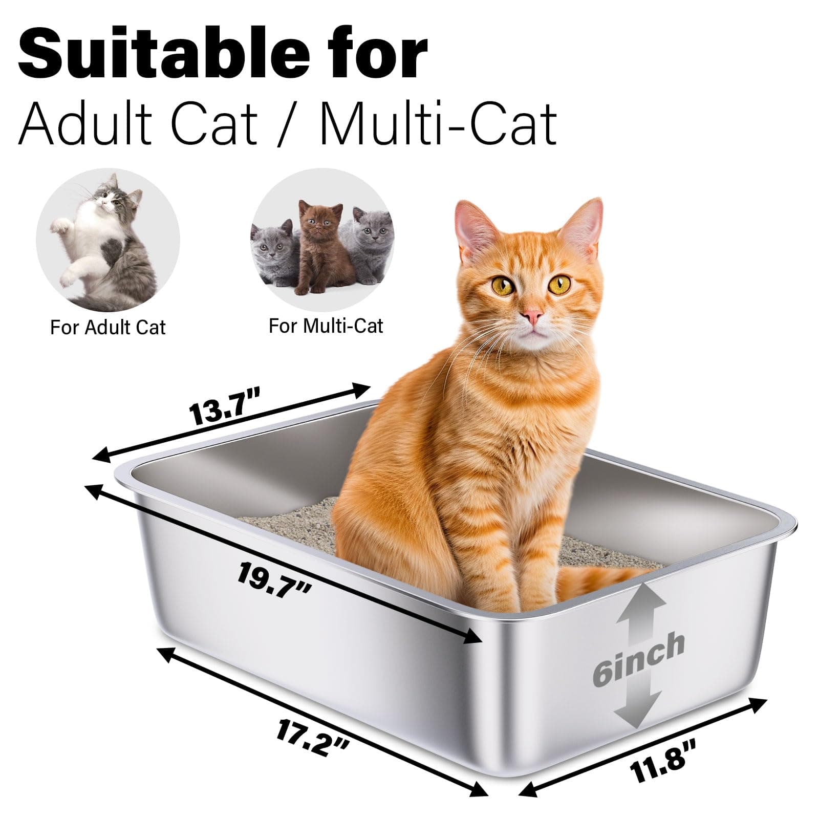 Stainless Steel Litter Box, Medium Metal Cat Litter Box Easy Clean, Non Stick Litterbox No Smell For Cats Or Kitty, Rabbits