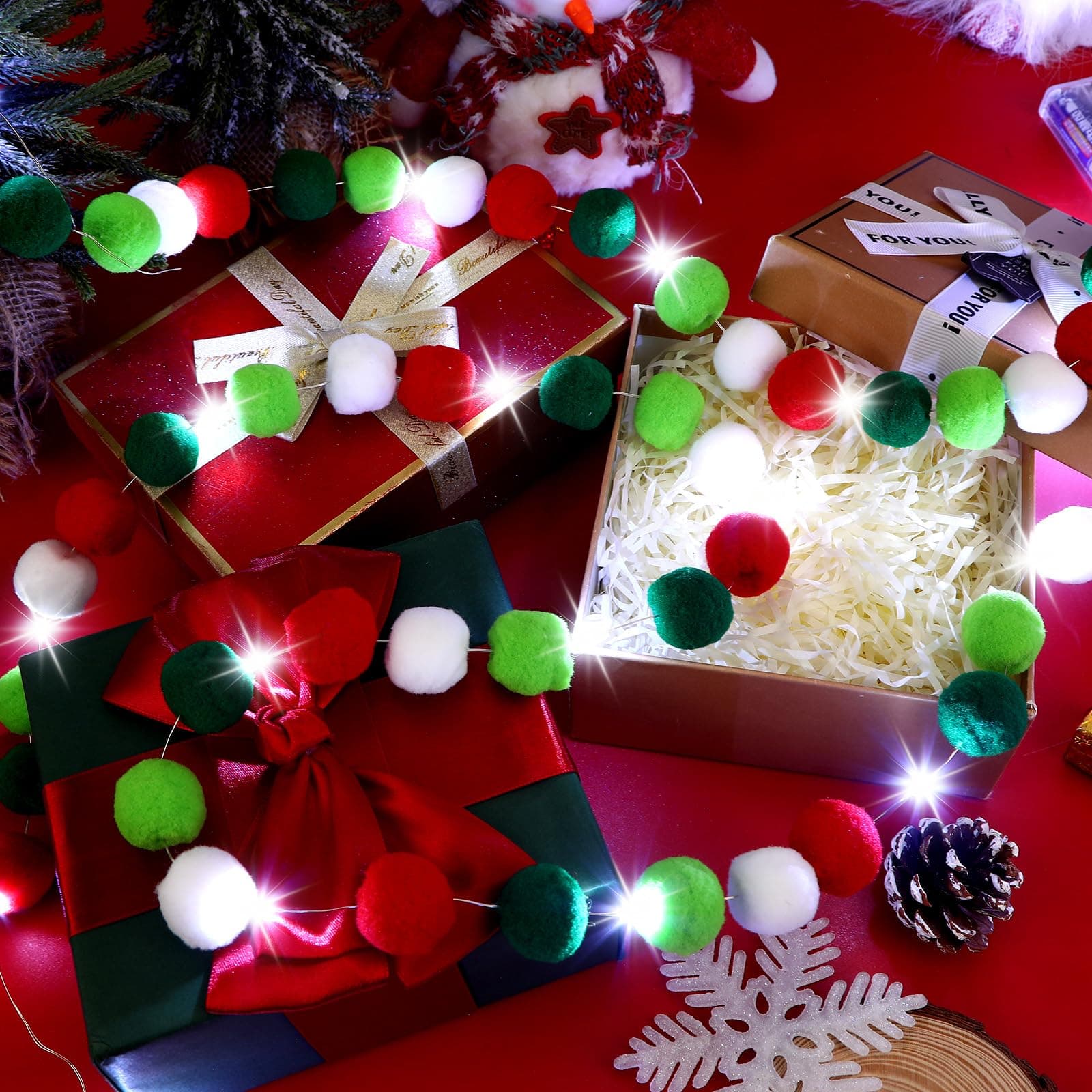 2 Pack 19.7 Ft Lighted Felt Ball Garland Christmas Pom Pom Garland, Glow Christmas Red White Green 30 Balls Garlands Illuminated For Xmas Tree Home Room Birthday Hanging Party Decorations