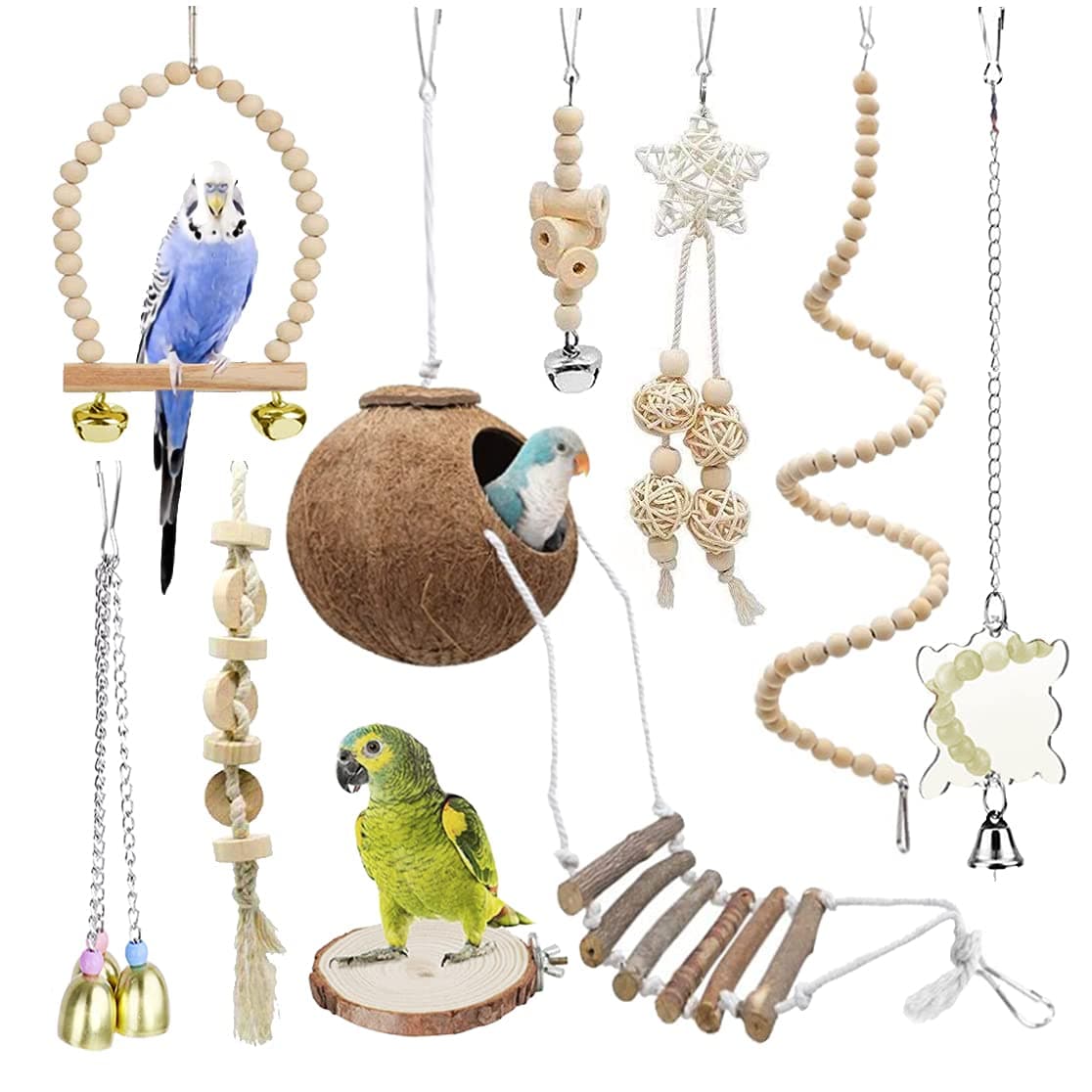 9-Piece Parakeet Toys & Budgie Toys, Bird Cage Accessories Set Natural Wood Bird Toys Include Coconut Hideaway, Swing, Ladder, Perch, Mirror And Hanging Toys For Budgies & Cockatiels