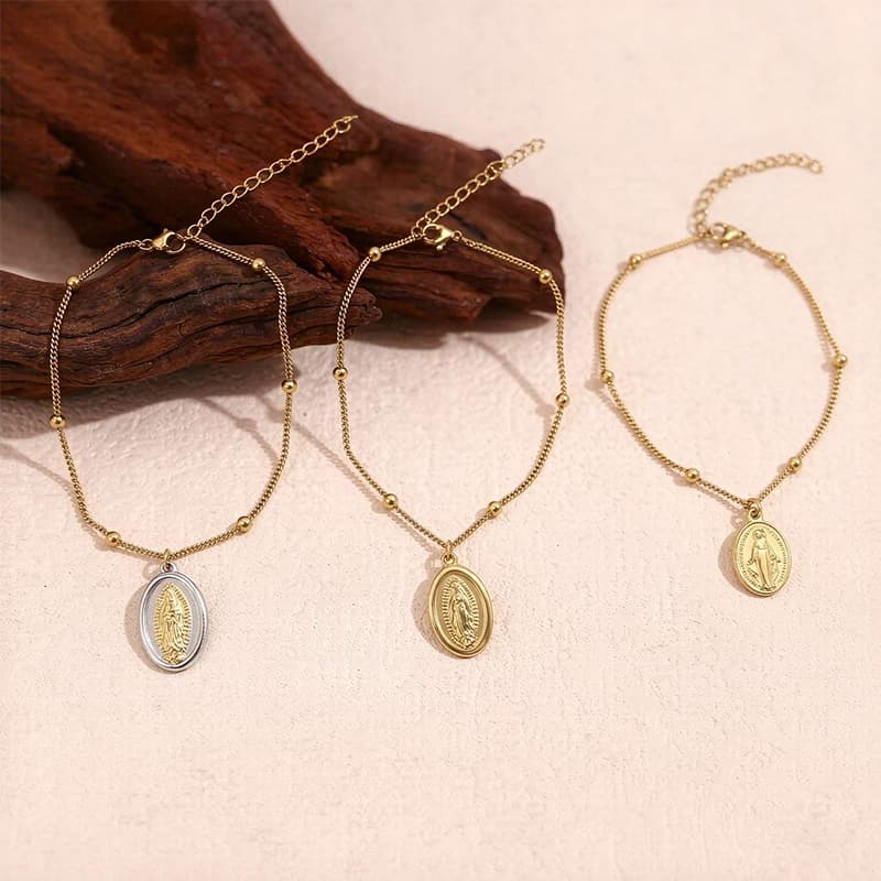 Stainless Steel Side-clasped Beaded Chain Paired With Religious Accessory Pendant Bracelet