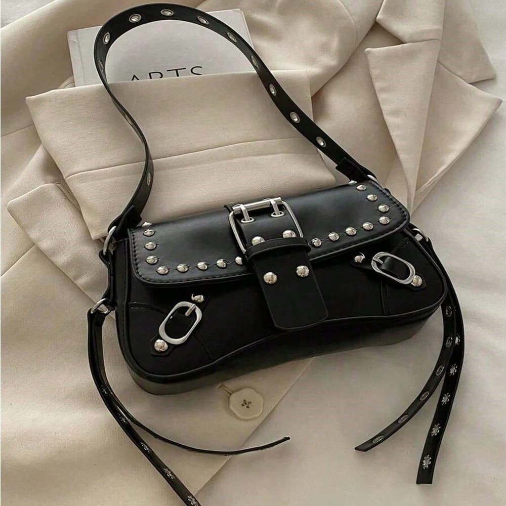 Underarm Bag For Women, Retro Faux Leather Shoulder Bag With Studs & Buckles, Handbag For Daily Party Streetwear