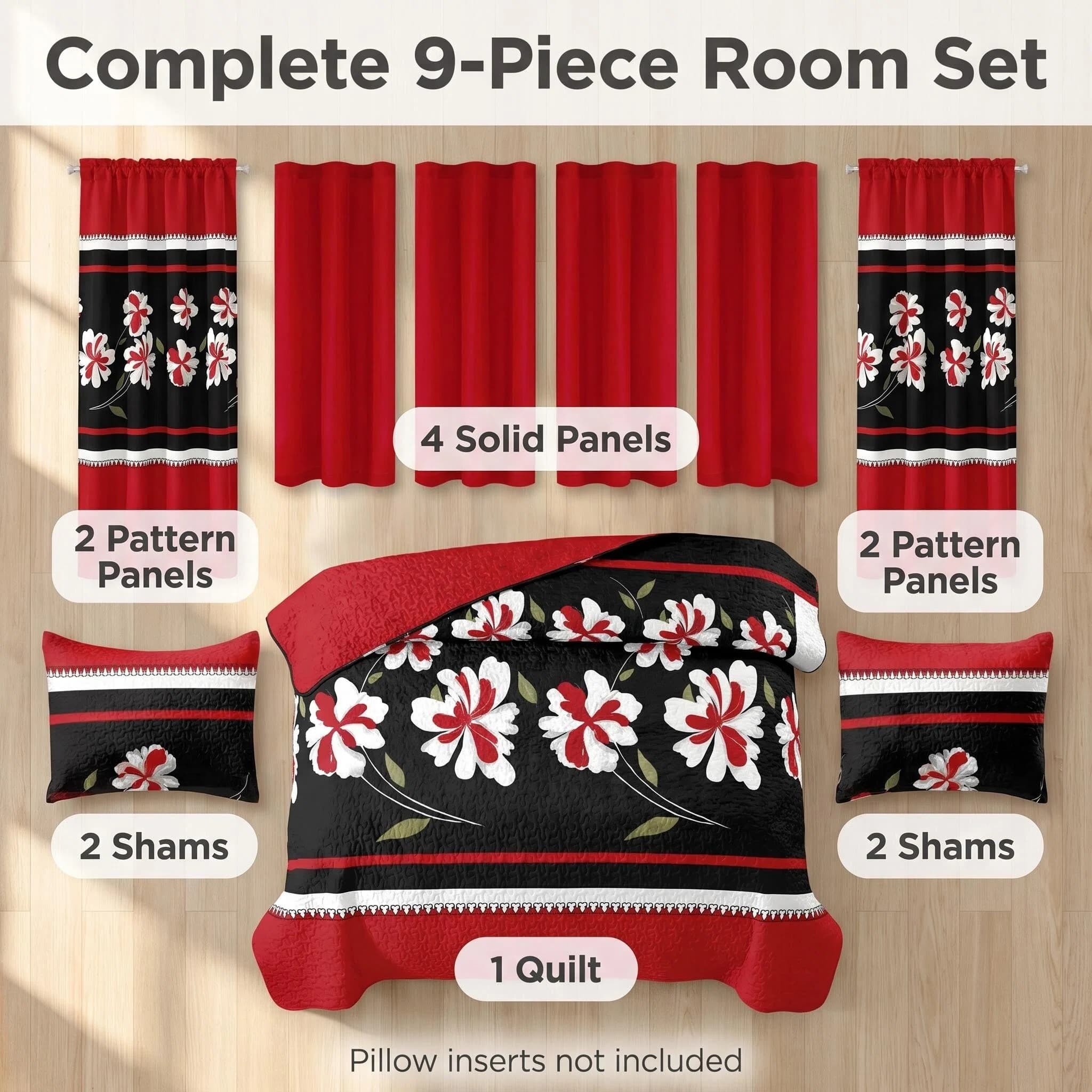 9-Piece Black Red Floral Bedspread Set With Curtains, Quilted Microfiber Bedding Set For Twin XL, King And Cal King