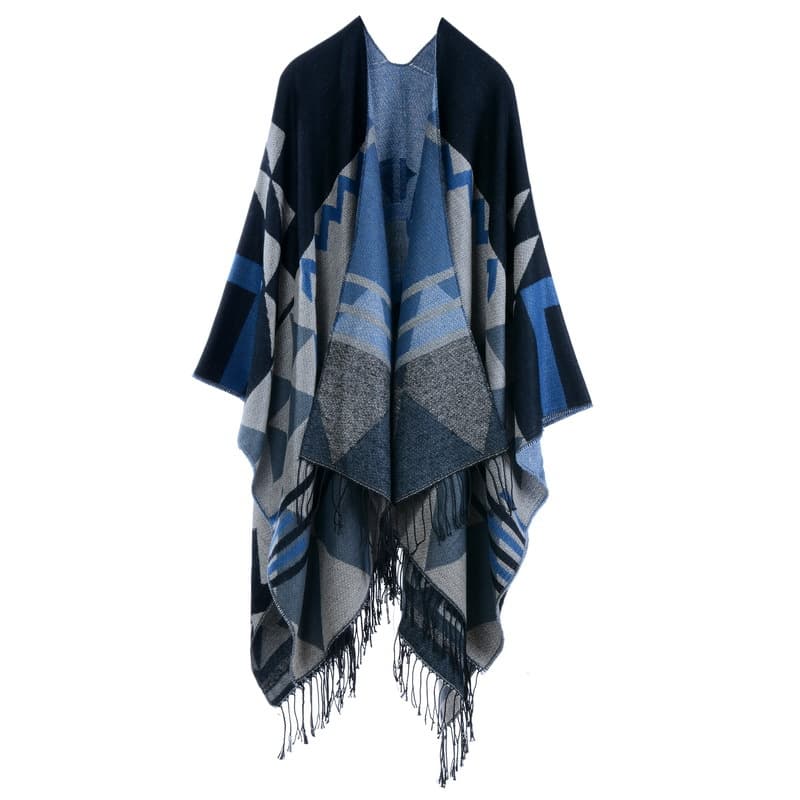 Women's Extended Thick Faux Cashmere Tassel Shawl Poncho, Split Travel For Autumn Winter