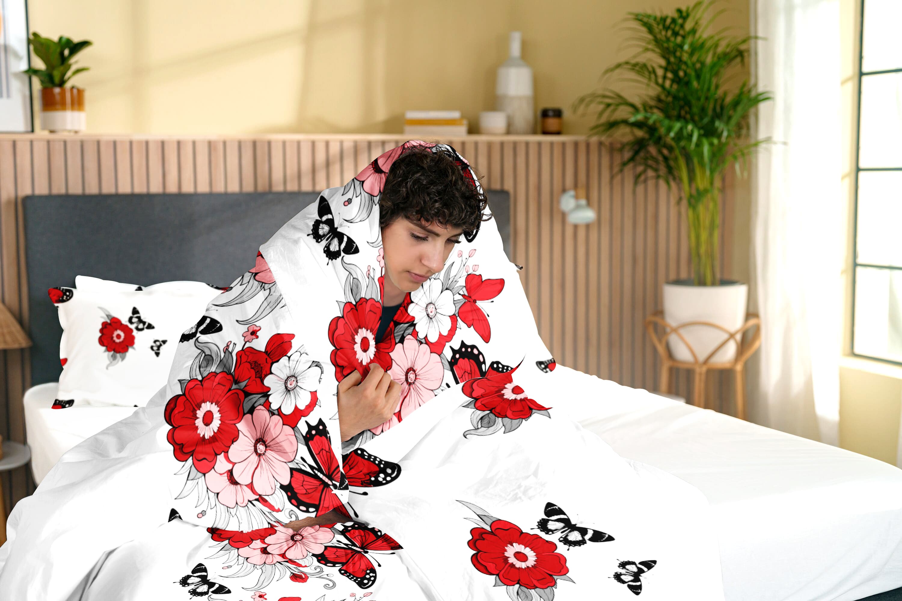 Red Floral Butterfly 4-Piece Duvet Cover Set with Fitted Sheet and 2 Pillowcases, Botanical Bedding Set for Queen, King and California King Beds